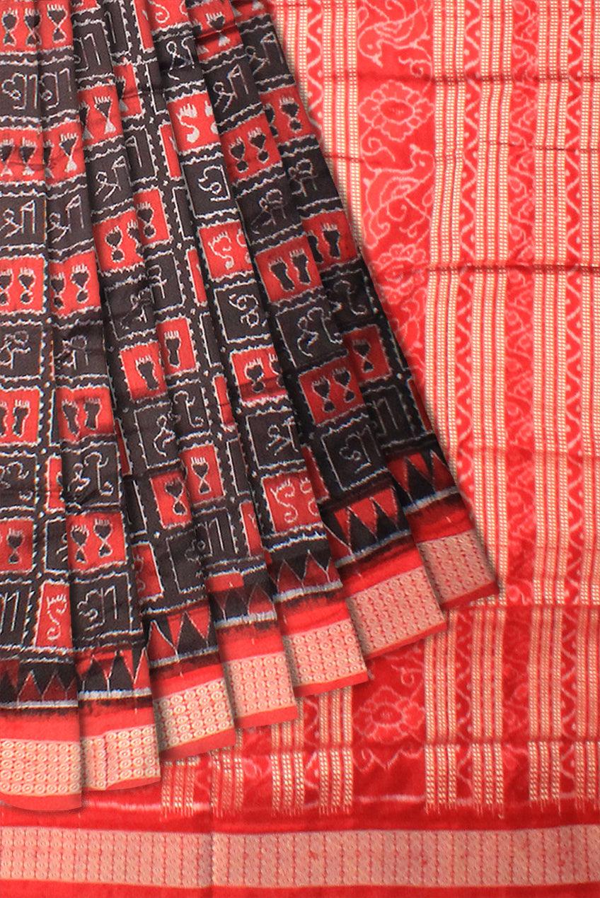 BLACK AND RED COLOR LAXMI PATTERN SONEPUR PURE HANDLOOM PATA SAREE, COMES WITH BLOUSE PIECE - Koshali Arts & Crafts Enterprise