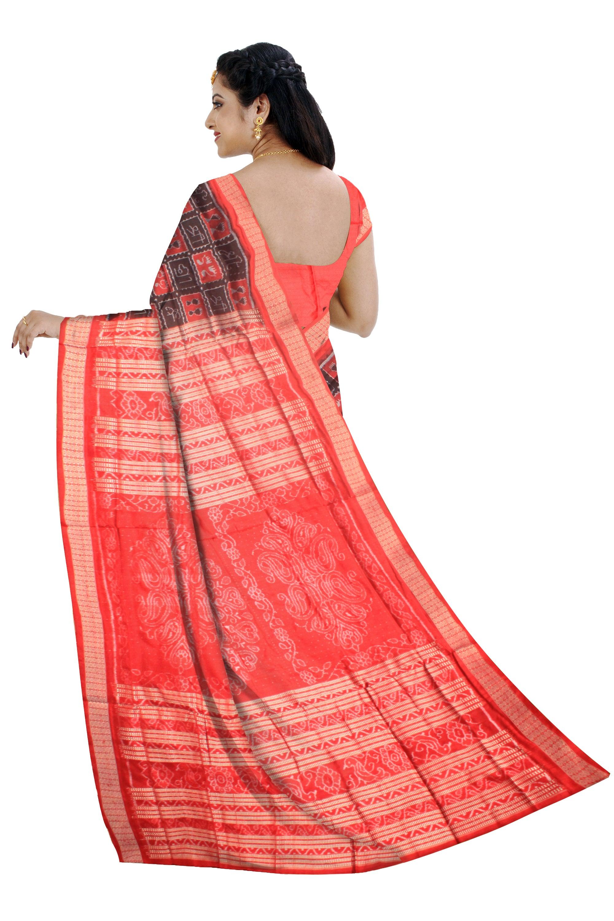 BLACK AND RED COLOR LAXMI PATTERN SONEPUR PURE HANDLOOM PATA SAREE, COMES WITH BLOUSE PIECE - Koshali Arts & Crafts Enterprise