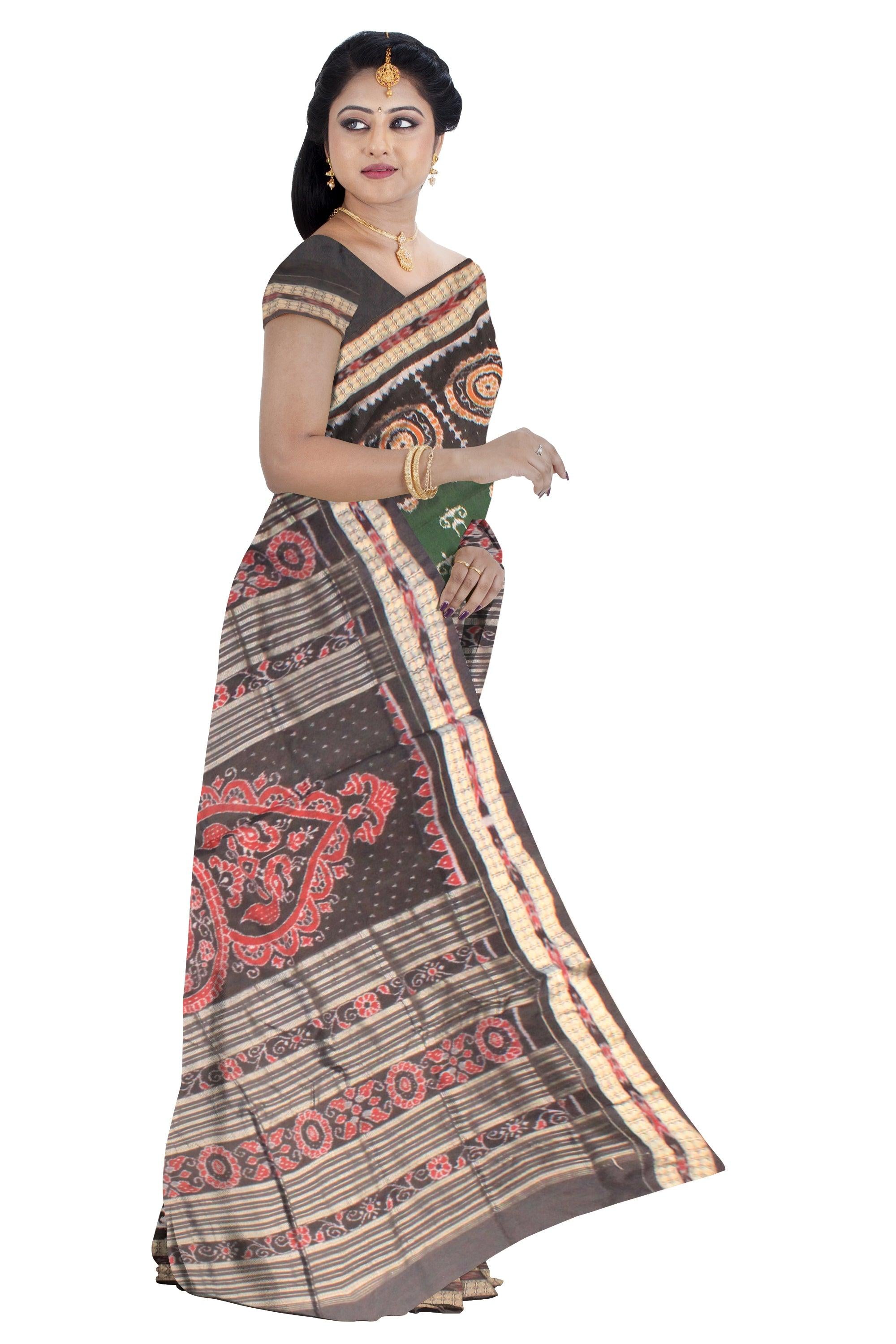 A SONEPUR PURE SILK PATA SAREE IN PERSIAN GREEN AND BLACK COLOR, WITH BLOUSE PIECE. - Koshali Arts & Crafts Enterprise