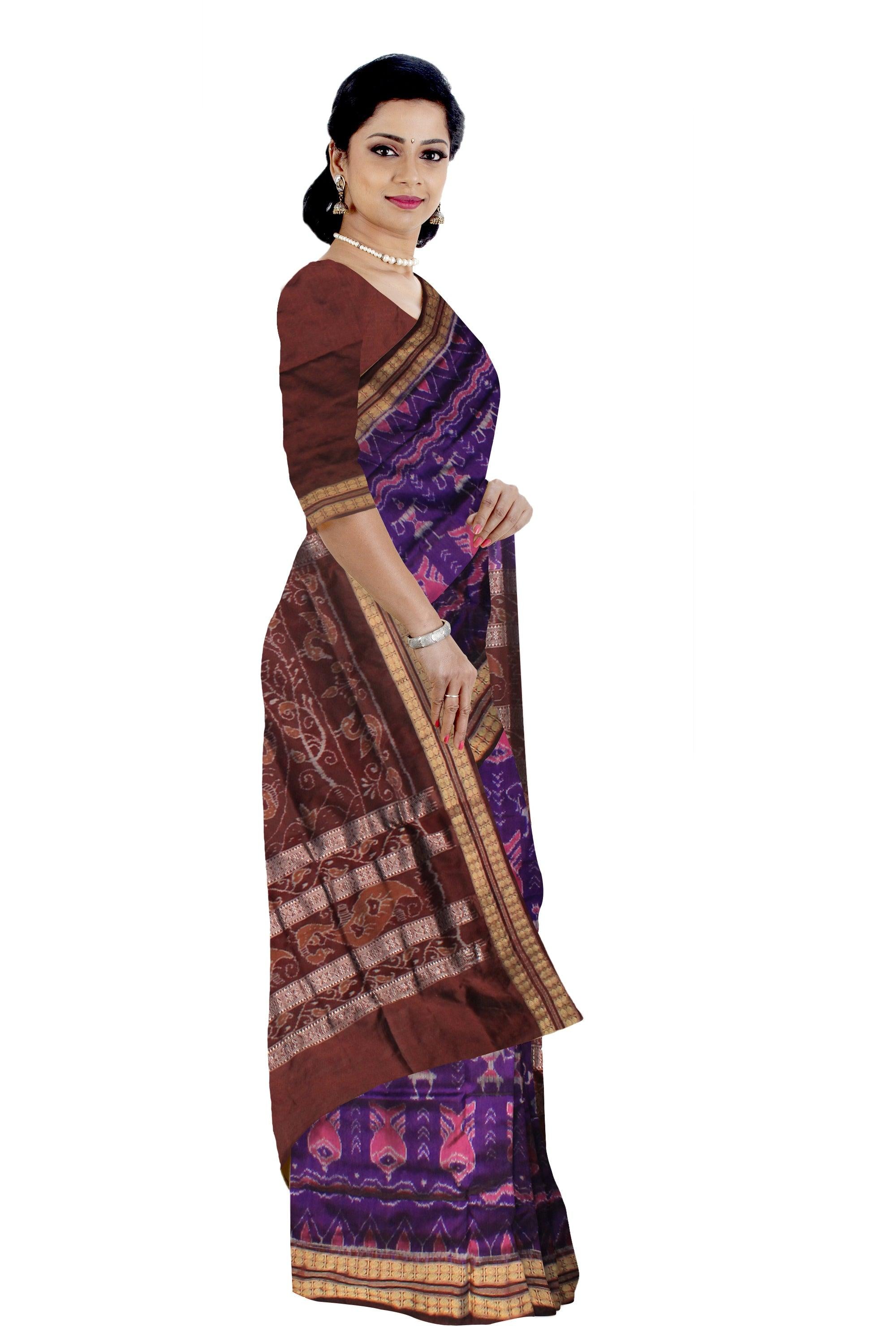 PURPLE AND COFFEE COLOR SONEPUR PURE SILK PATA SAREE , ATTACHED WITH BLOUSE PIECE. - Koshali Arts & Crafts Enterprise