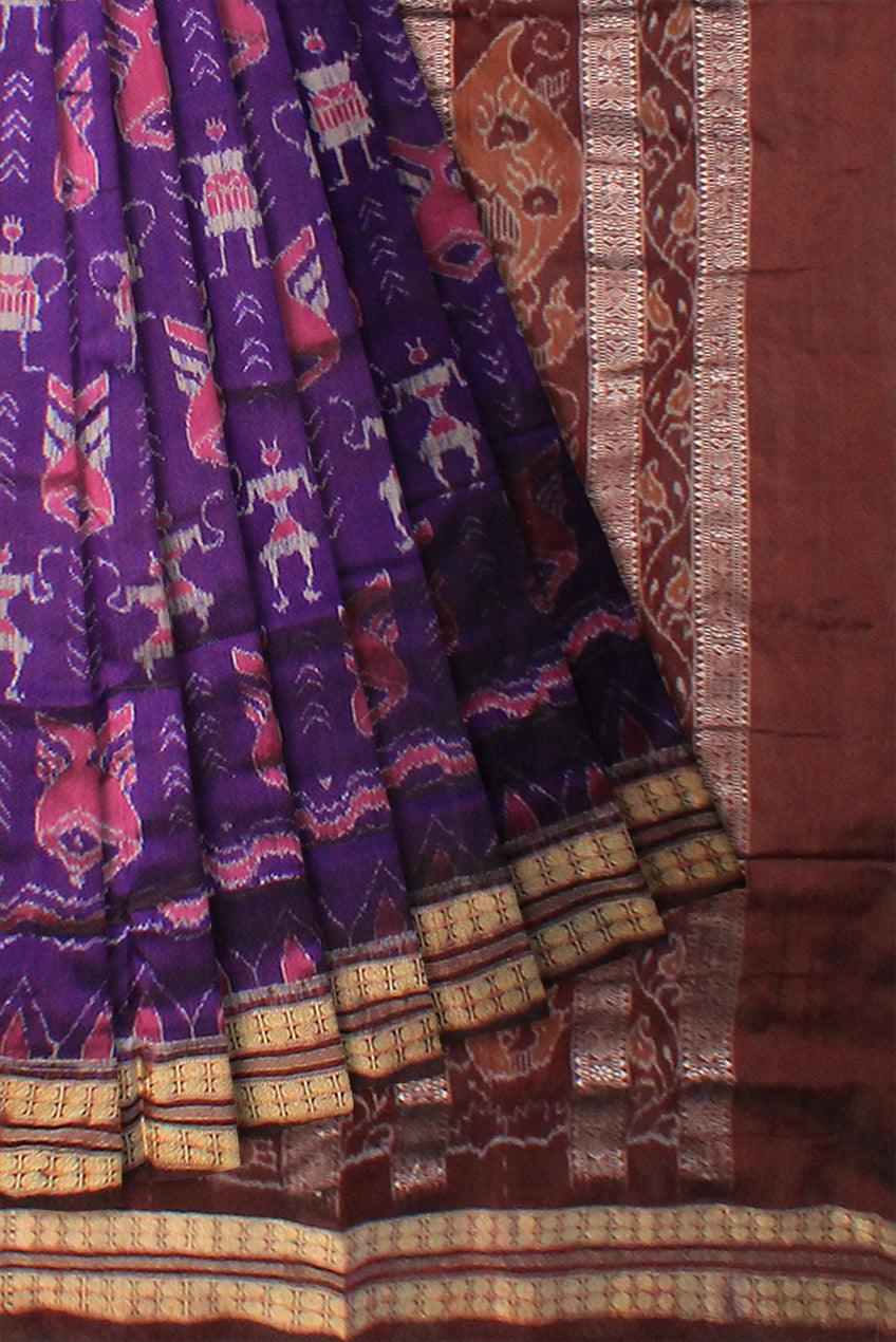 PURPLE AND COFFEE COLOR SONEPUR PURE SILK PATA SAREE , ATTACHED WITH BLOUSE PIECE. - Koshali Arts & Crafts Enterprise