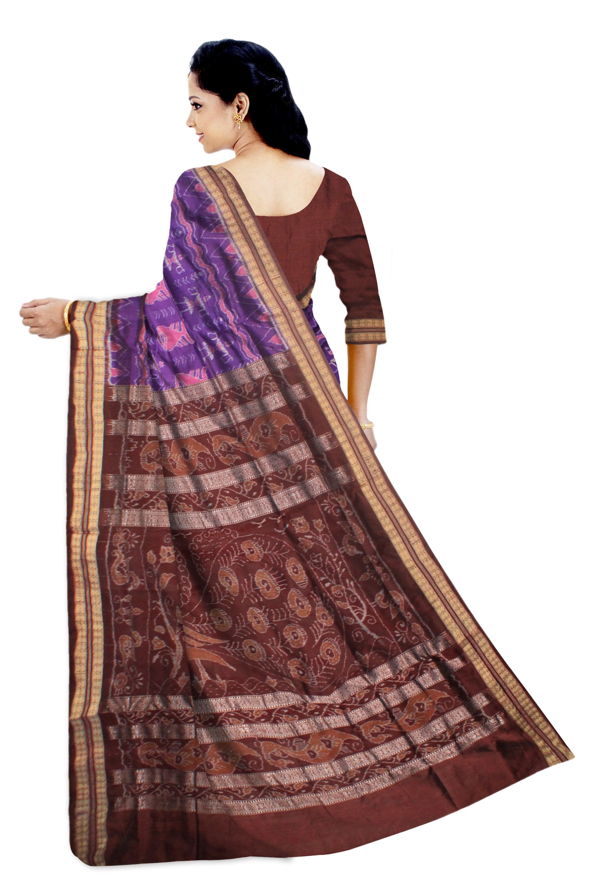 PURPLE AND COFFEE COLOR SONEPUR PURE SILK PATA SAREE , ATTACHED WITH BLOUSE PIECE. - Koshali Arts & Crafts Enterprise