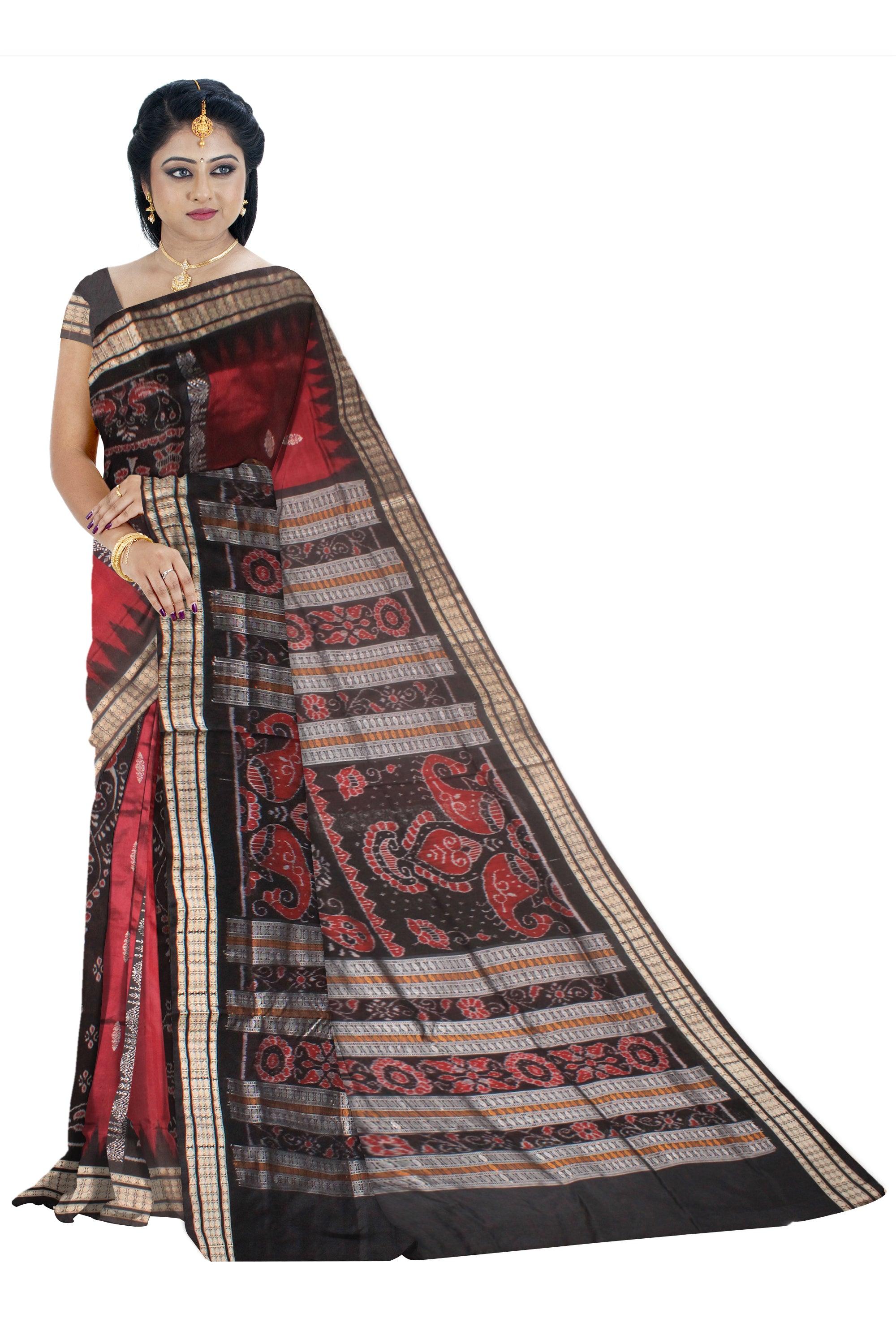 MAROON AND BLACK COLOR SONEPUR BANDHA SAREE , AVAILABLE WITH BLOUSE PIECE. - Koshali Arts & Crafts Enterprise