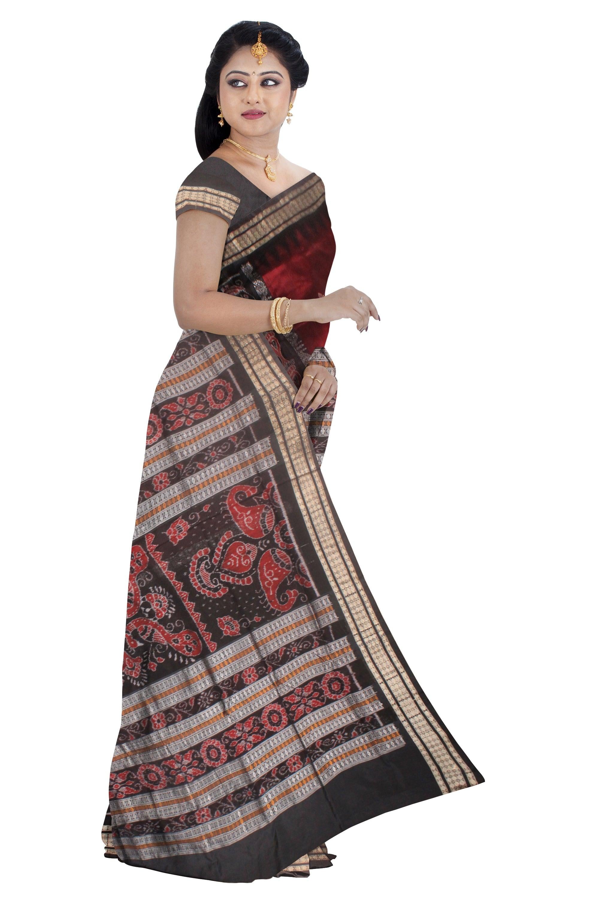 MAROON AND BLACK COLOR SONEPUR BANDHA SAREE , AVAILABLE WITH BLOUSE PIECE. - Koshali Arts & Crafts Enterprise