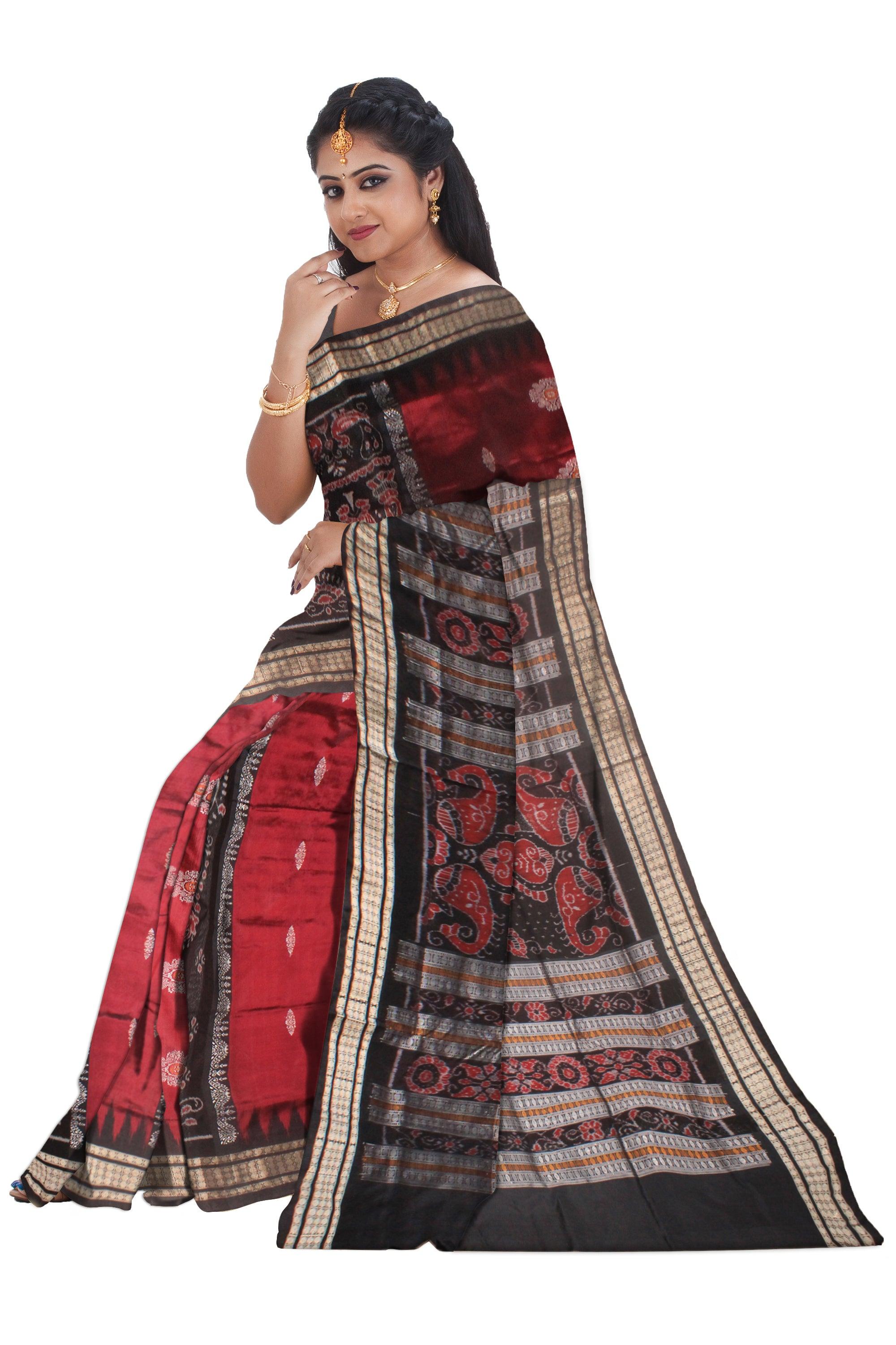 MAROON AND BLACK COLOR SONEPUR BANDHA SAREE , AVAILABLE WITH BLOUSE PIECE. - Koshali Arts & Crafts Enterprise