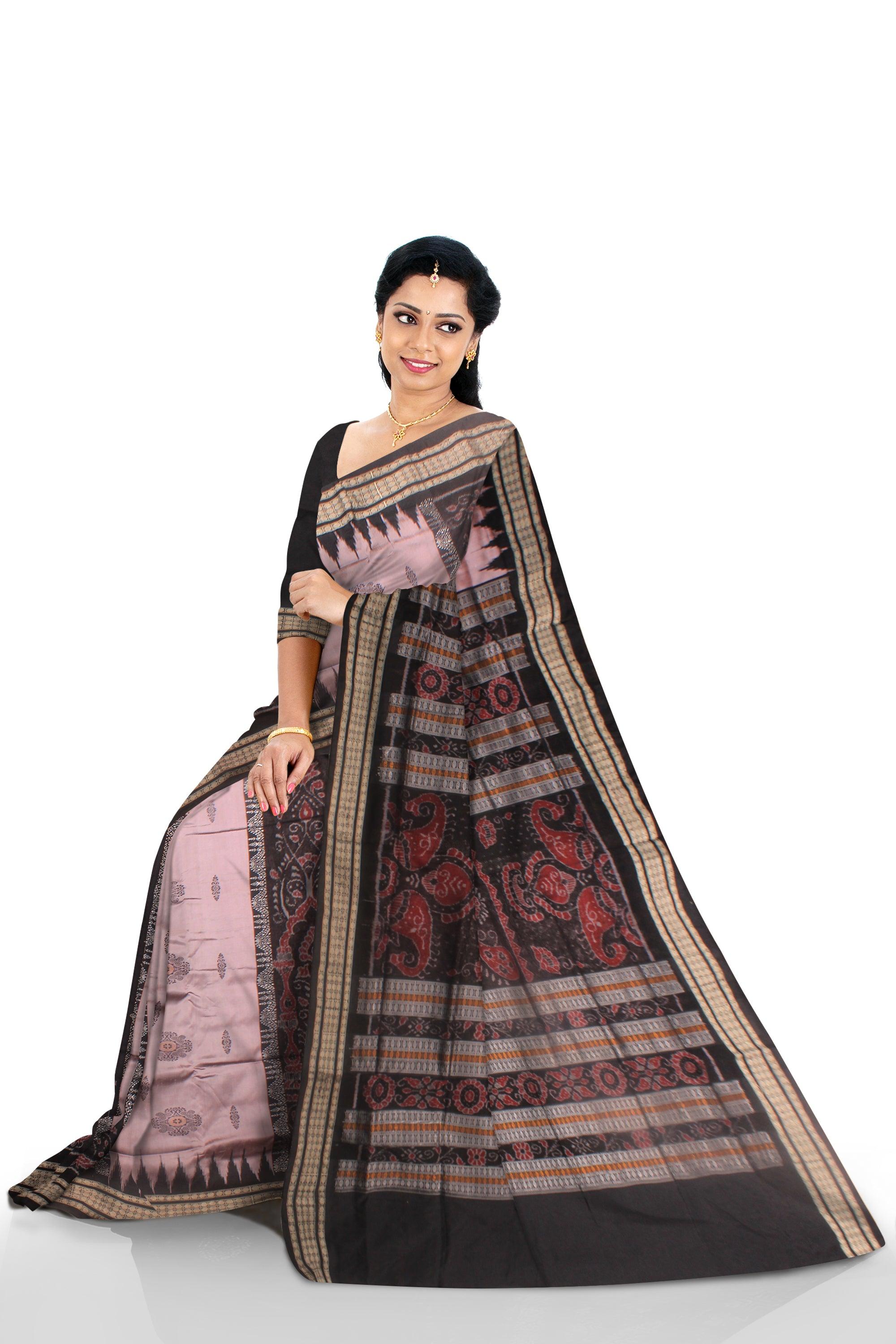PALEPINK AND BLACK COLOR PATLI SAREE , BORDER IS GOLDEN RUDRAKSHYA PATTERN, ATTACHED WITH BLOUSE PIECE. - Koshali Arts & Crafts Enterprise