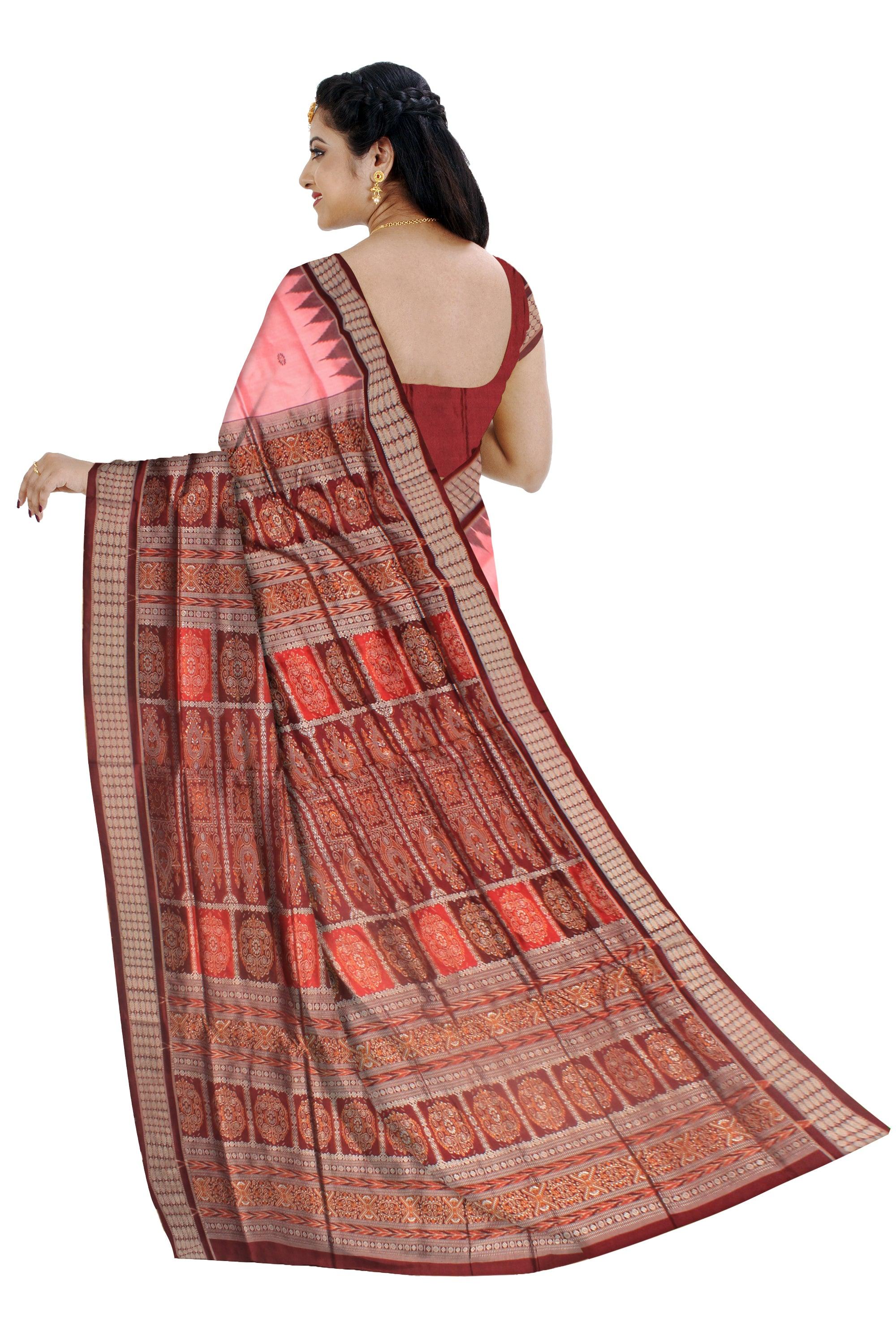 BABY PINK AND MAROON COLOR BOOTY PATTERN PATA SAREE , ATTACHED WITH BLOUSE PIECE. - Koshali Arts & Crafts Enterprise