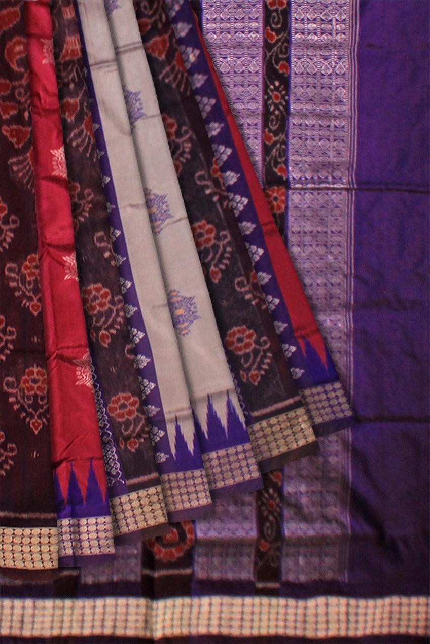 GREY, PINK AND BLUE COLOR BANDHA PATTERN SONEPUR SAREE, COMES WITH BLOUSE PIECE. - Koshali Arts & Crafts Enterprise