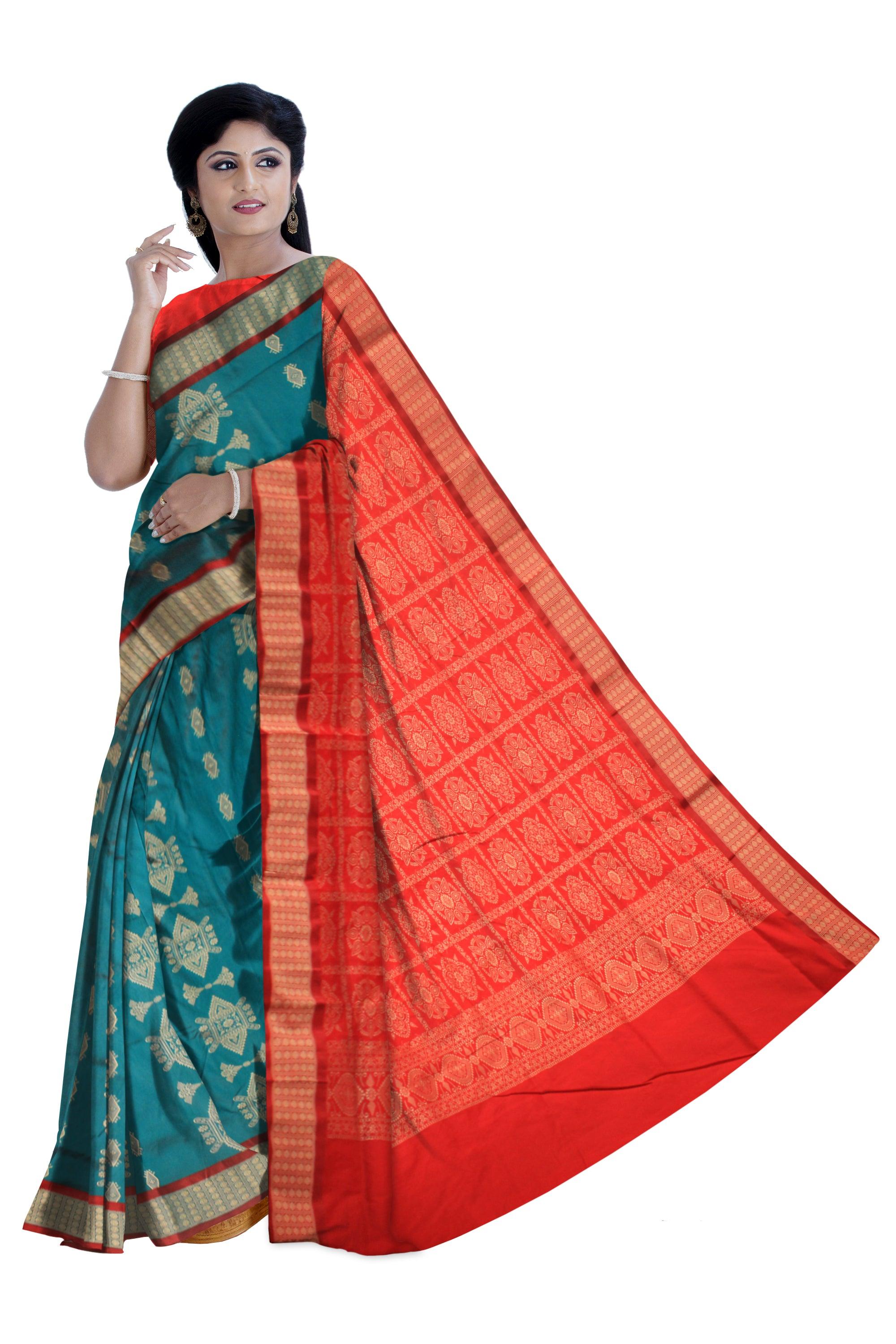 LATEST TRADITIONAL DESIGN IN SKY(Teal) COLOUR MIX SILK SAREE, WITH BLOUSE - Koshali Arts & Crafts Enterprise