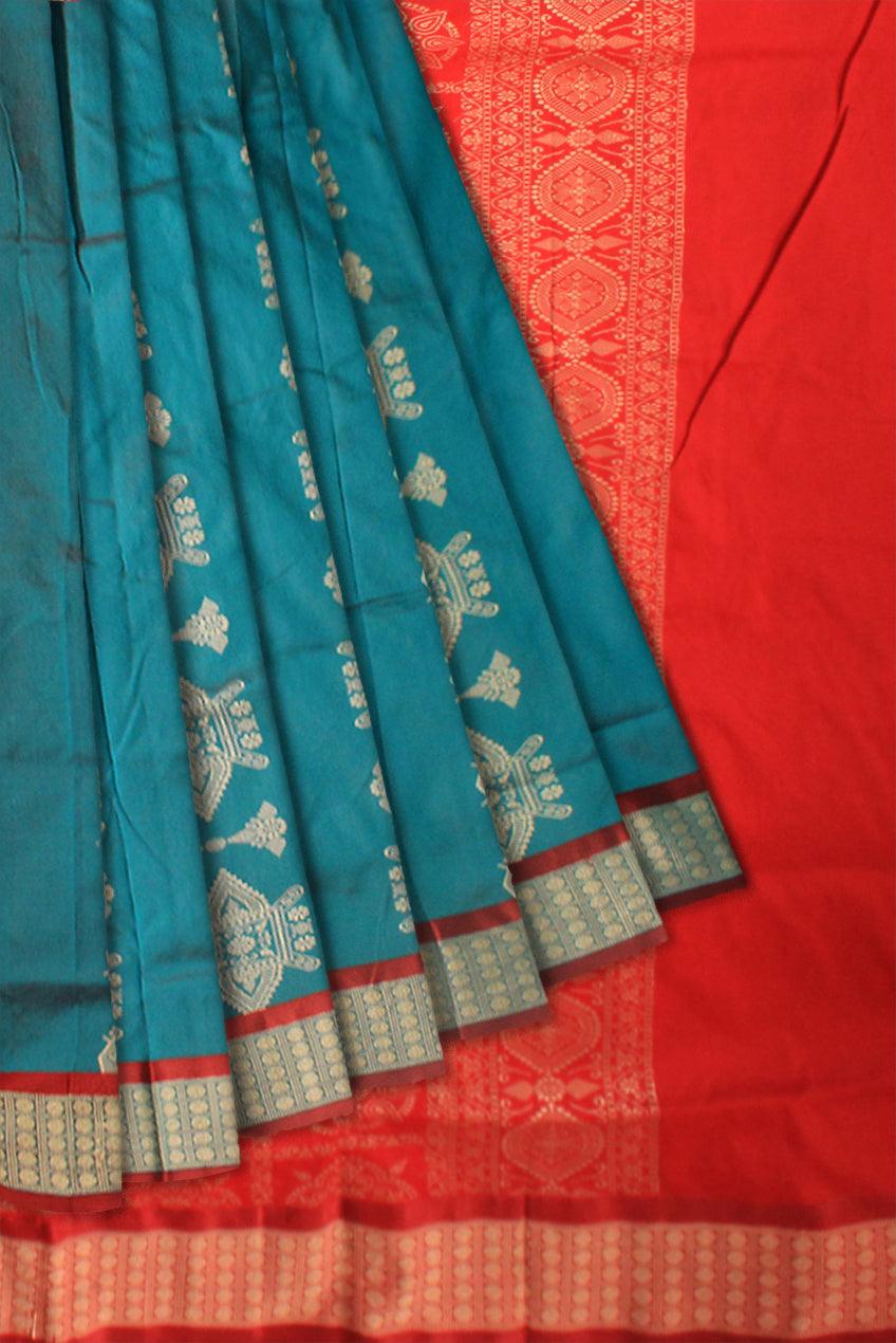 LATEST TRADITIONAL DESIGN IN SKY(Teal) COLOUR MIX SILK SAREE, WITH BLOUSE - Koshali Arts & Crafts Enterprise