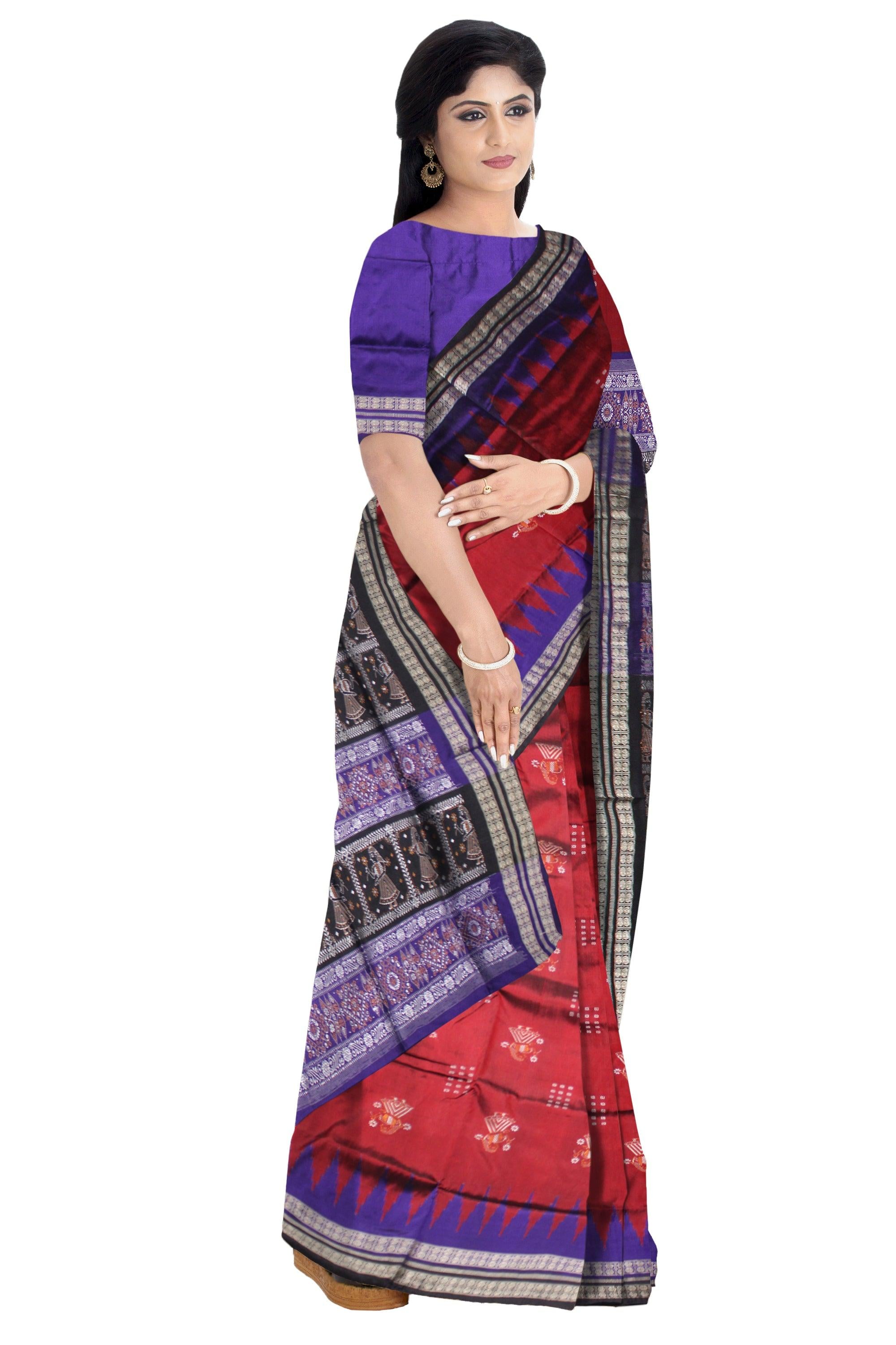 BODY DOLL PRINT  PATA SAREE IN MAROON AND BLUE COLOR, ATTACHED WITH BLOUSE PIECE. - Koshali Arts & Crafts Enterprise