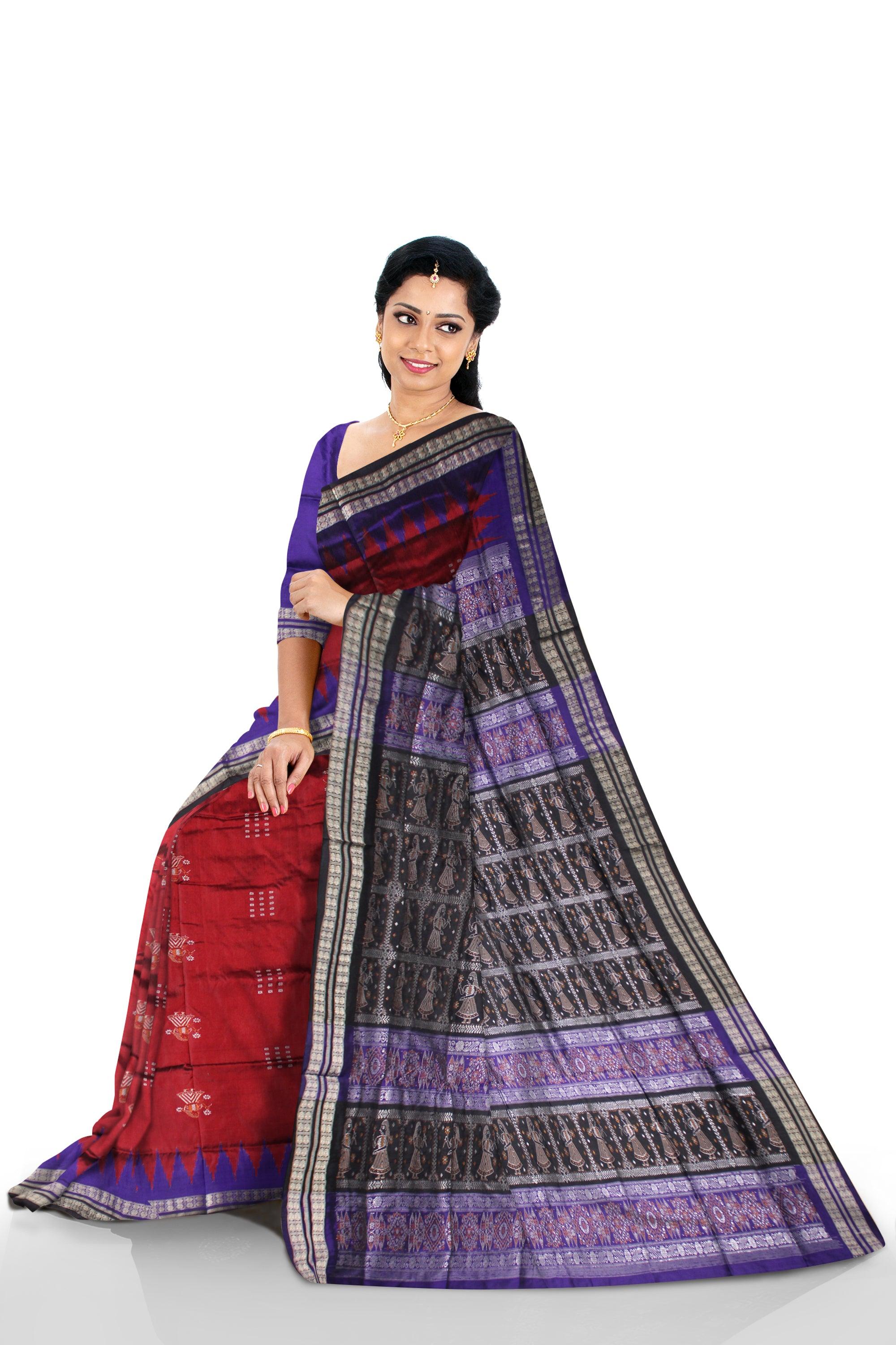 BODY DOLL PRINT PATA SAREE IN MAROON AND BLUE COLOR, ATTACHED WITH BLOUSE PIECE. - Koshali Arts & Crafts Enterprise