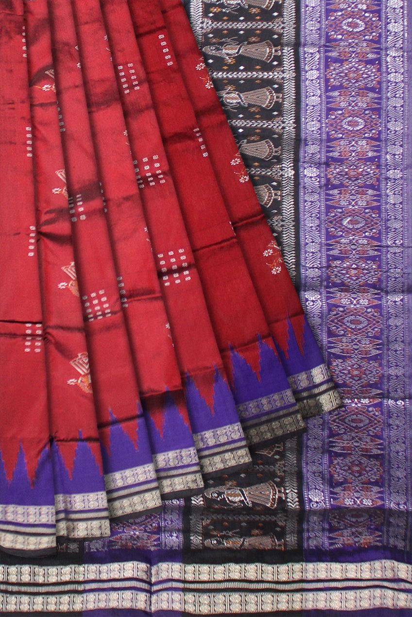 BODY DOLL PRINT PATA SAREE IN MAROON AND BLUE COLOR, ATTACHED WITH BLOUSE PIECE. - Koshali Arts & Crafts Enterprise