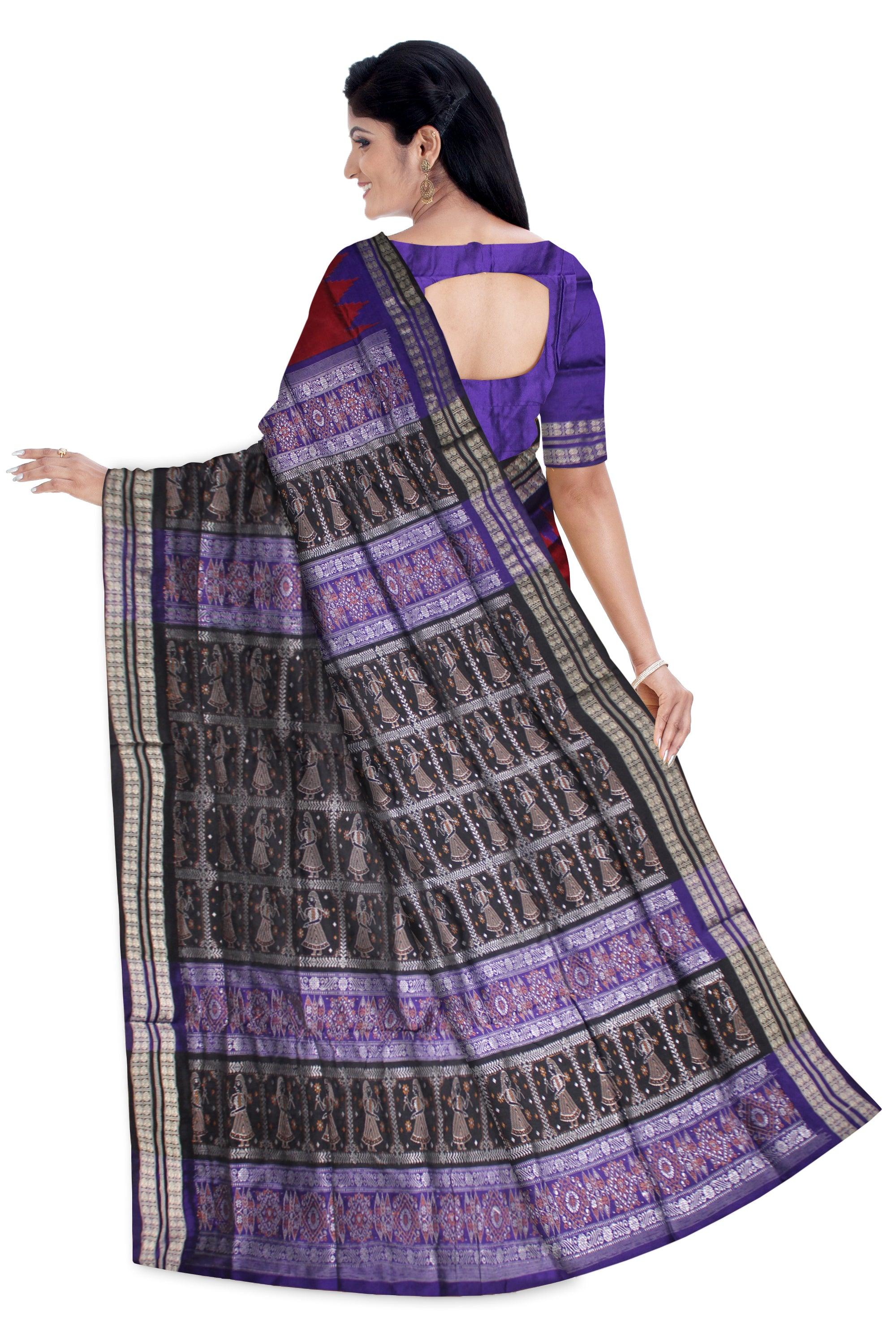 BODY DOLL PRINT PATA SAREE IN MAROON AND BLUE COLOR, ATTACHED WITH BLOUSE PIECE. - Koshali Arts & Crafts Enterprise