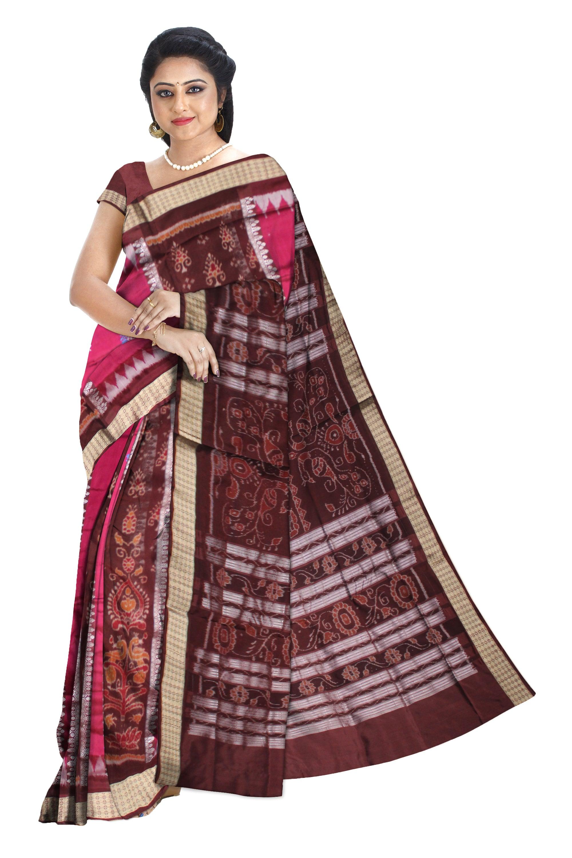 PINK, COFFEE  AND SILVER COLOR BANDHA PATERN PATA SAREE, WITH BLOUSE PIECE. - Koshali Arts & Crafts Enterprise