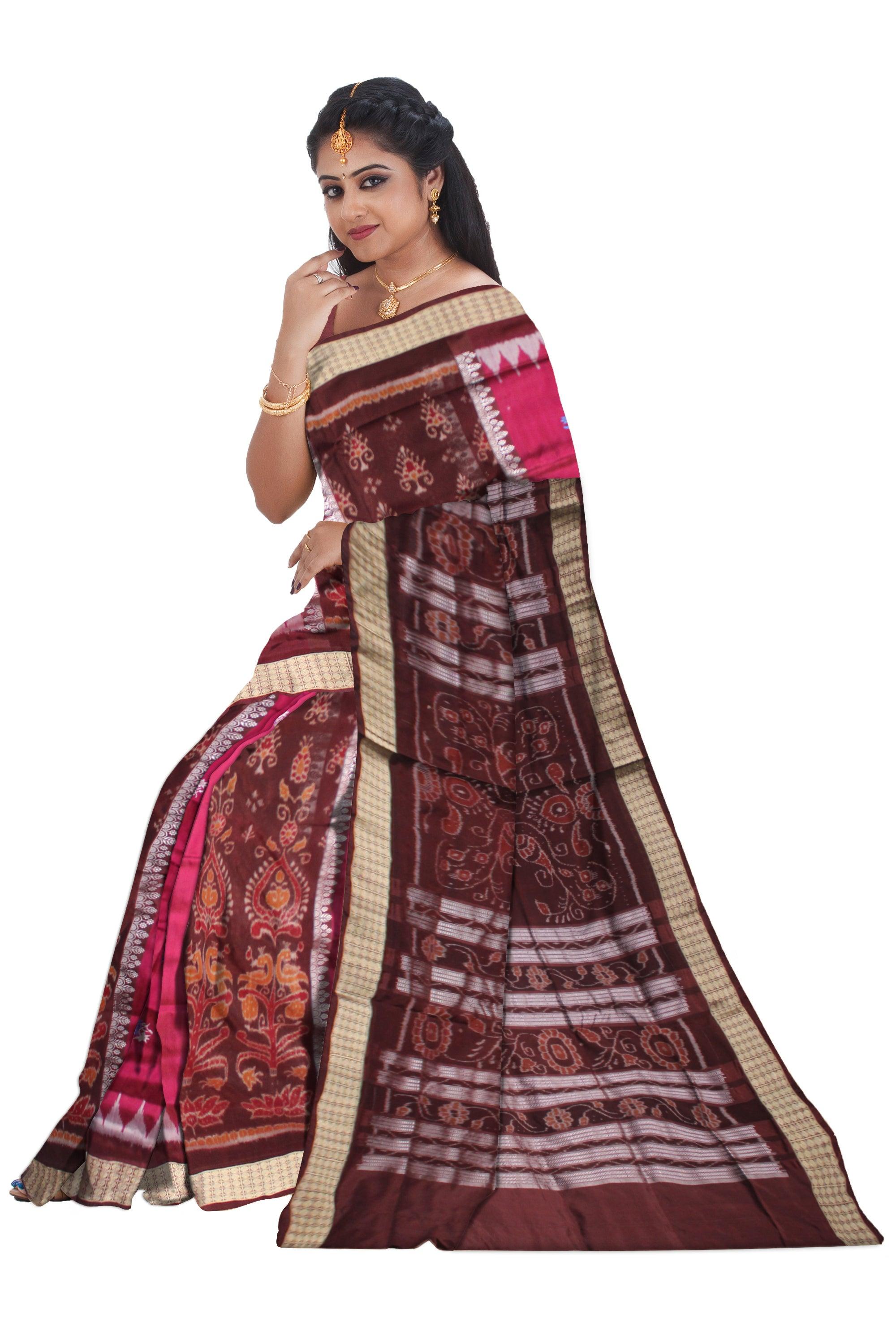 PINK, COFFEE  AND SILVER COLOR BANDHA PATERN PATA SAREE, WITH BLOUSE PIECE. - Koshali Arts & Crafts Enterprise