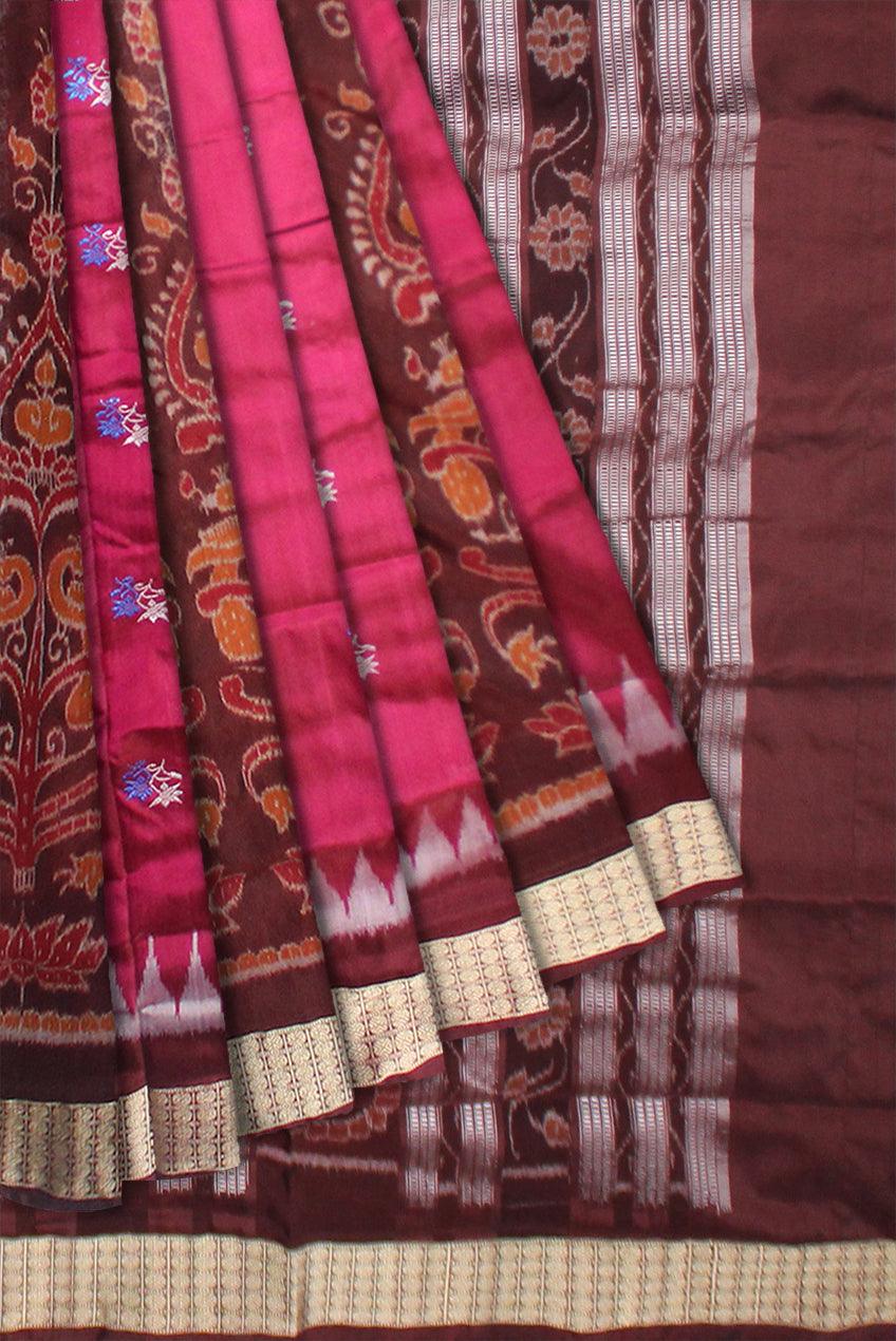 PINK, COFFEE  AND SILVER COLOR BANDHA PATERN PATA SAREE, WITH BLOUSE PIECE. - Koshali Arts & Crafts Enterprise
