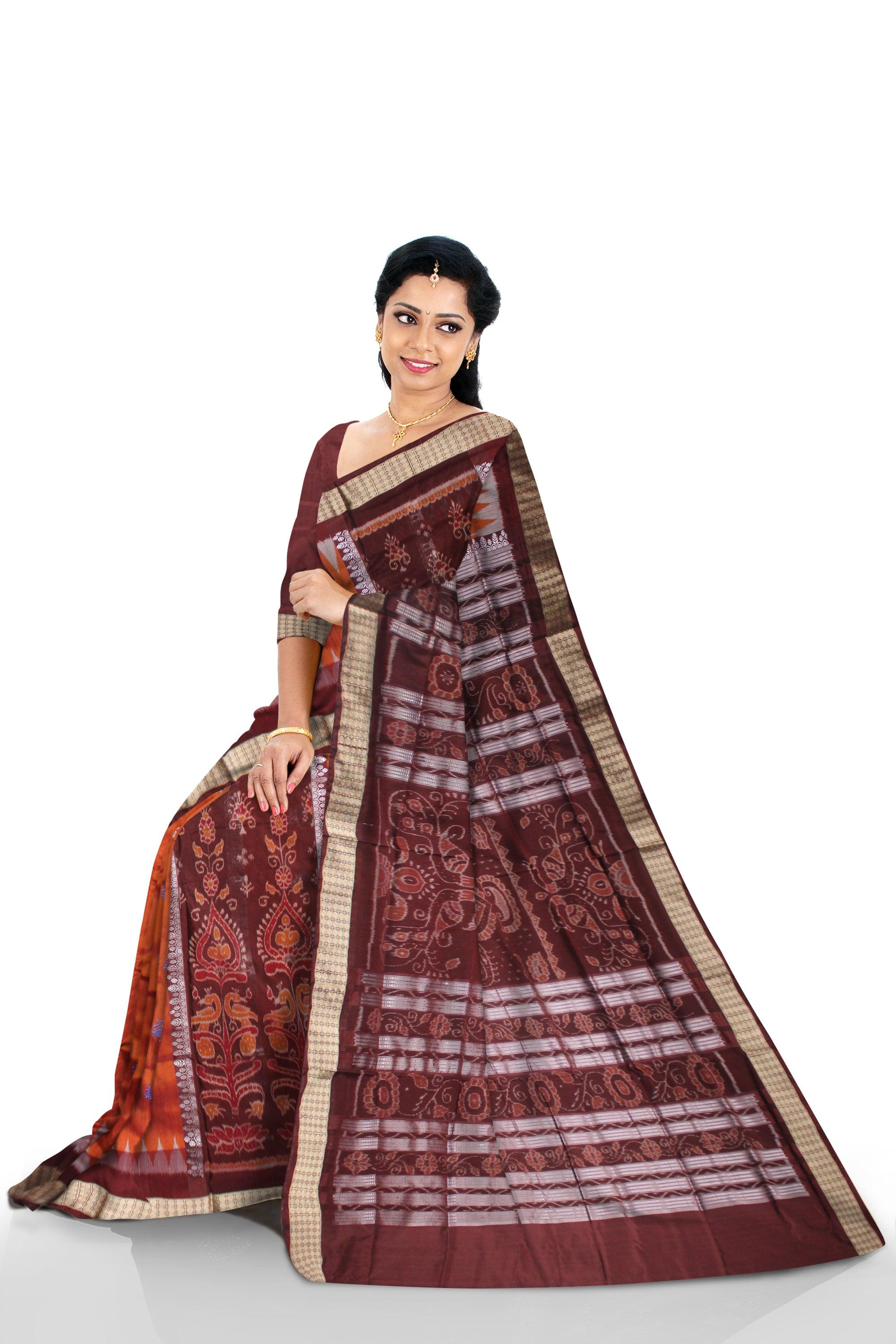 REDORANGE  AND COFFEE COLOR BANDHA PATERN PATA SAREE, WITH BLOUSE PIECE. - Koshali Arts & Crafts Enterprise