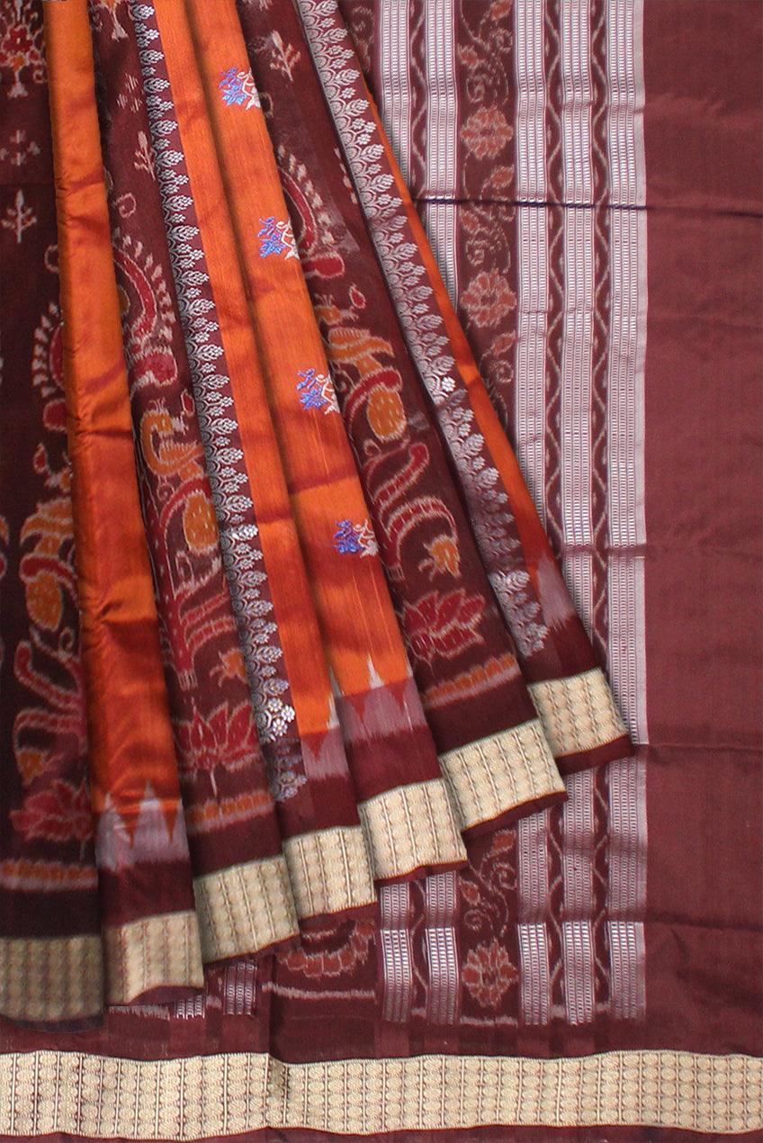 REDORANGE  AND COFFEE COLOR BANDHA PATERN PATA SAREE, WITH BLOUSE PIECE. - Koshali Arts & Crafts Enterprise