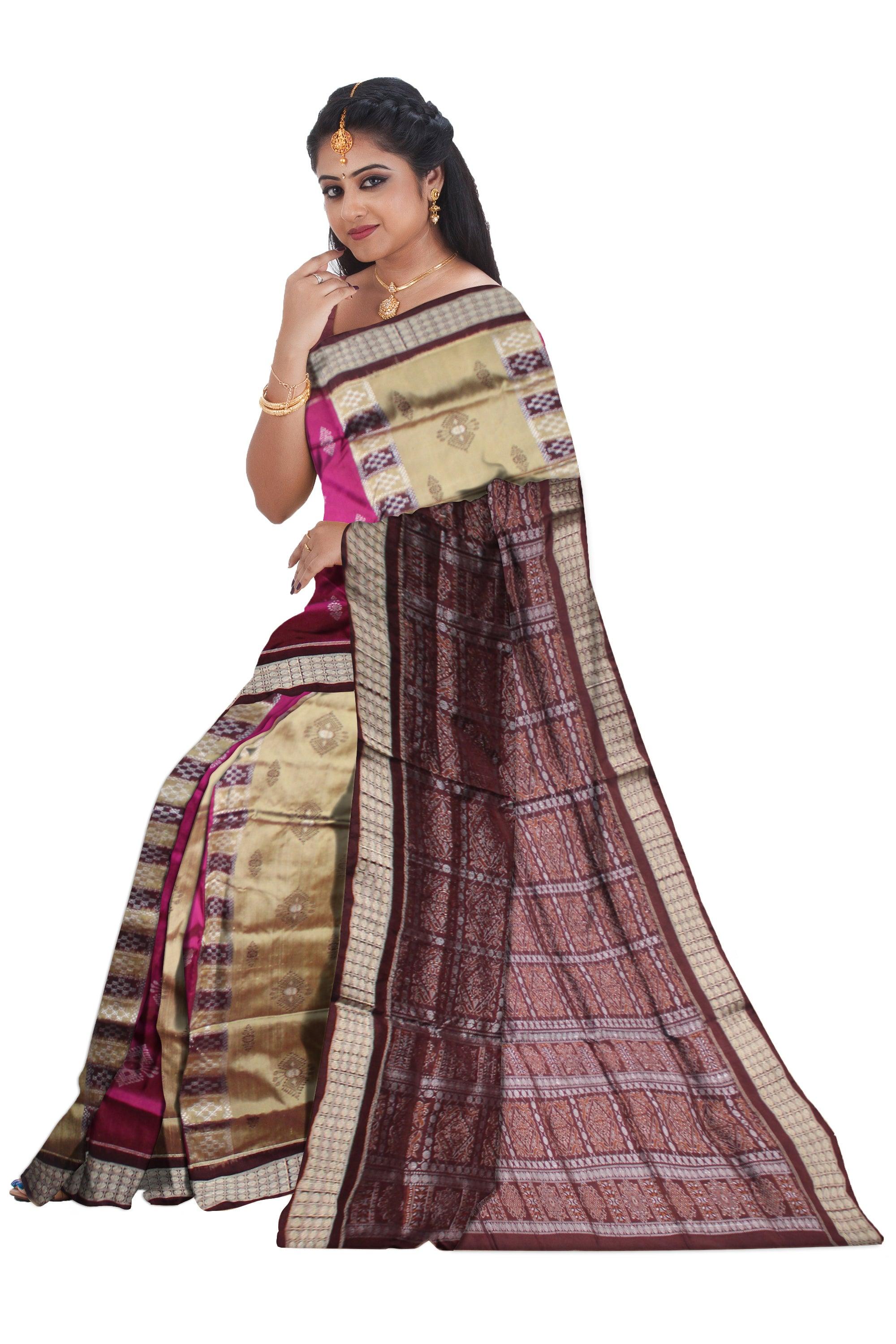 DIFFERENT PARTY COLLECTION PINK AND GOLDEN COLOR BANDHA WITH PASAPALI DESIGN PATA SAREE, WITH BLOUSE PIECE. - Koshali Arts & Crafts Enterprise