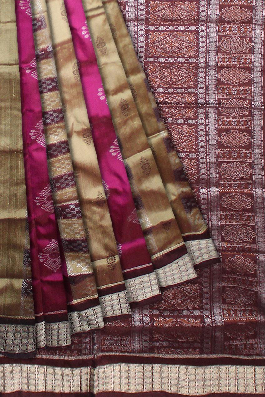 DIFFERENT PARTY COLLECTION PINK AND GOLDEN COLOR BANDHA WITH PASAPALI DESIGN PATA SAREE, WITH BLOUSE PIECE. - Koshali Arts & Crafts Enterprise