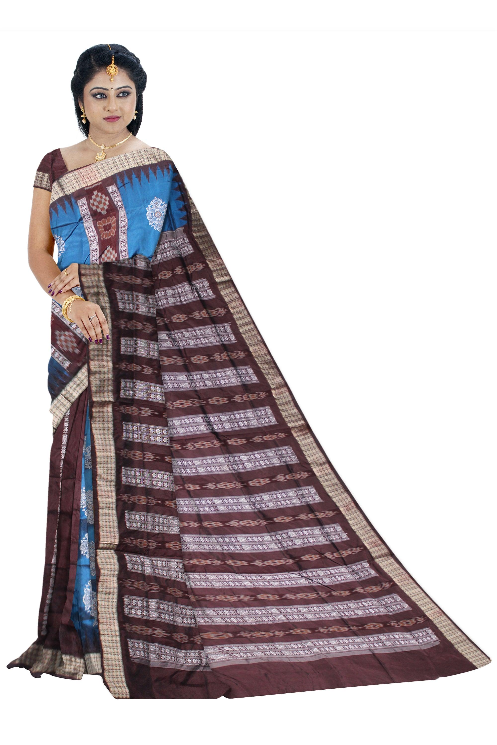 A PATLI SAREE IN BLUE AND COFFEE COLOR BASE, WITH BLOUSE PIECE. - Koshali Arts & Crafts Enterprise