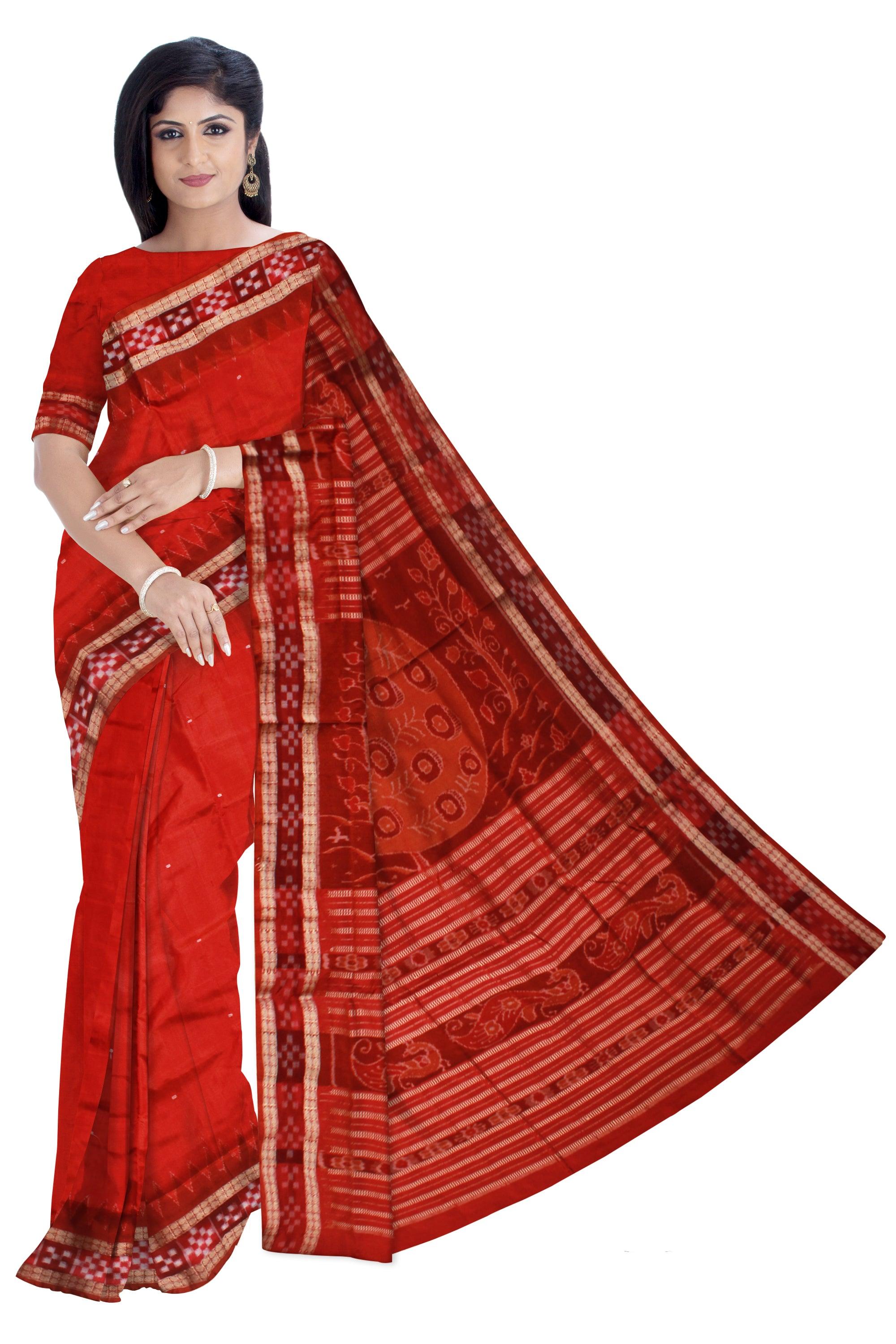 RED AND MAROON COLOR DHADI SAPTA PATA , ITS PALLU IS PEACOCK PRINT ATTACHED WITH BLOUSE PIECE. - Koshali Arts & Crafts Enterprise