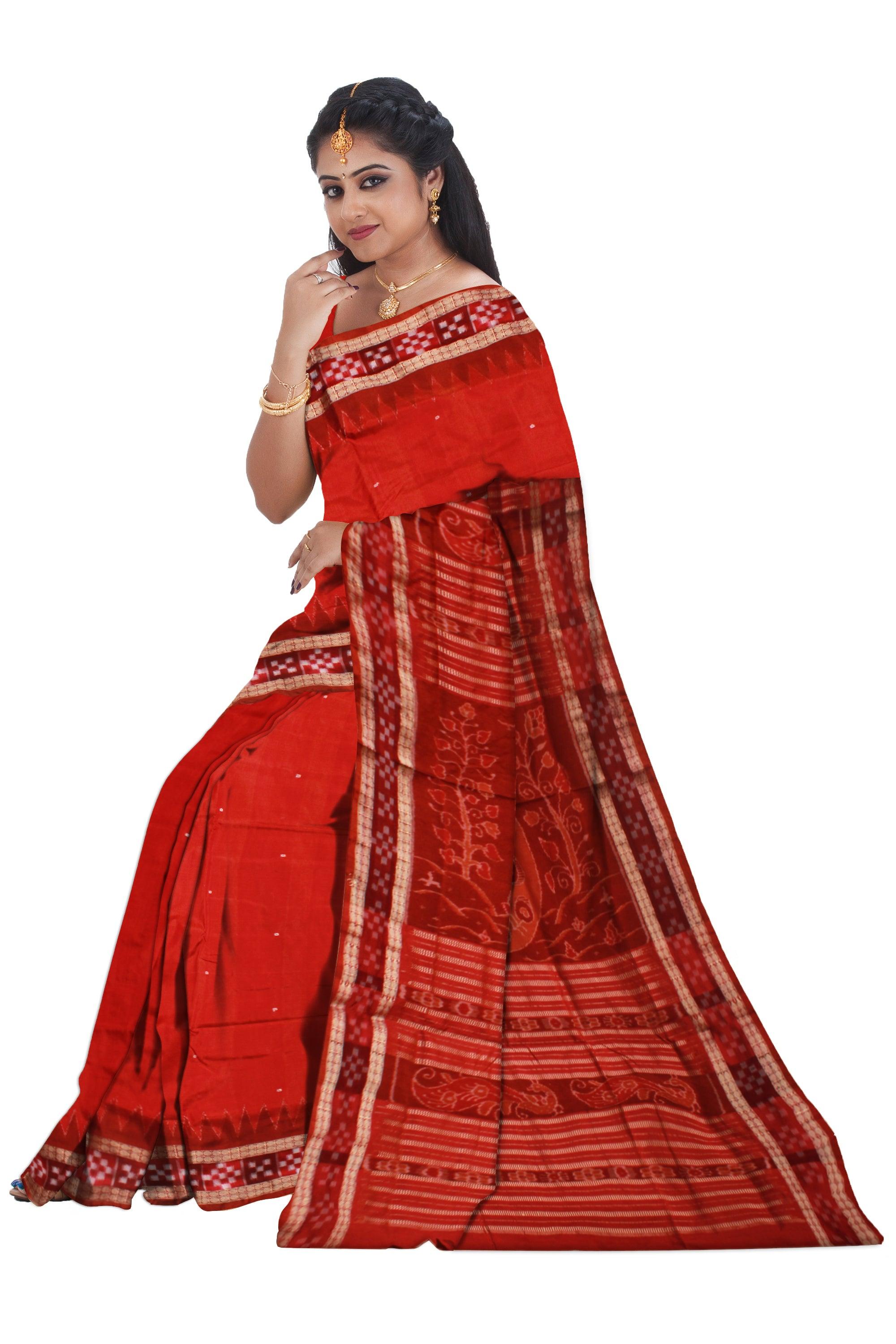 RED AND MAROON COLOR DHADI SAPTA PATA , ITS PALLU IS PEACOCK PRINT ATTACHED WITH BLOUSE PIECE. - Koshali Arts & Crafts Enterprise