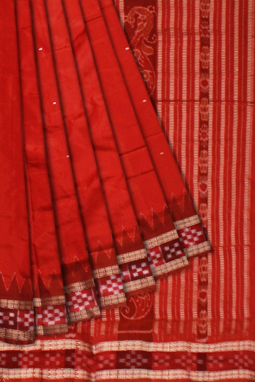 RED AND MAROON COLOR DHADI SAPTA PATA , ITS PALLU IS PEACOCK PRINT ATTACHED WITH BLOUSE PIECE. - Koshali Arts & Crafts Enterprise