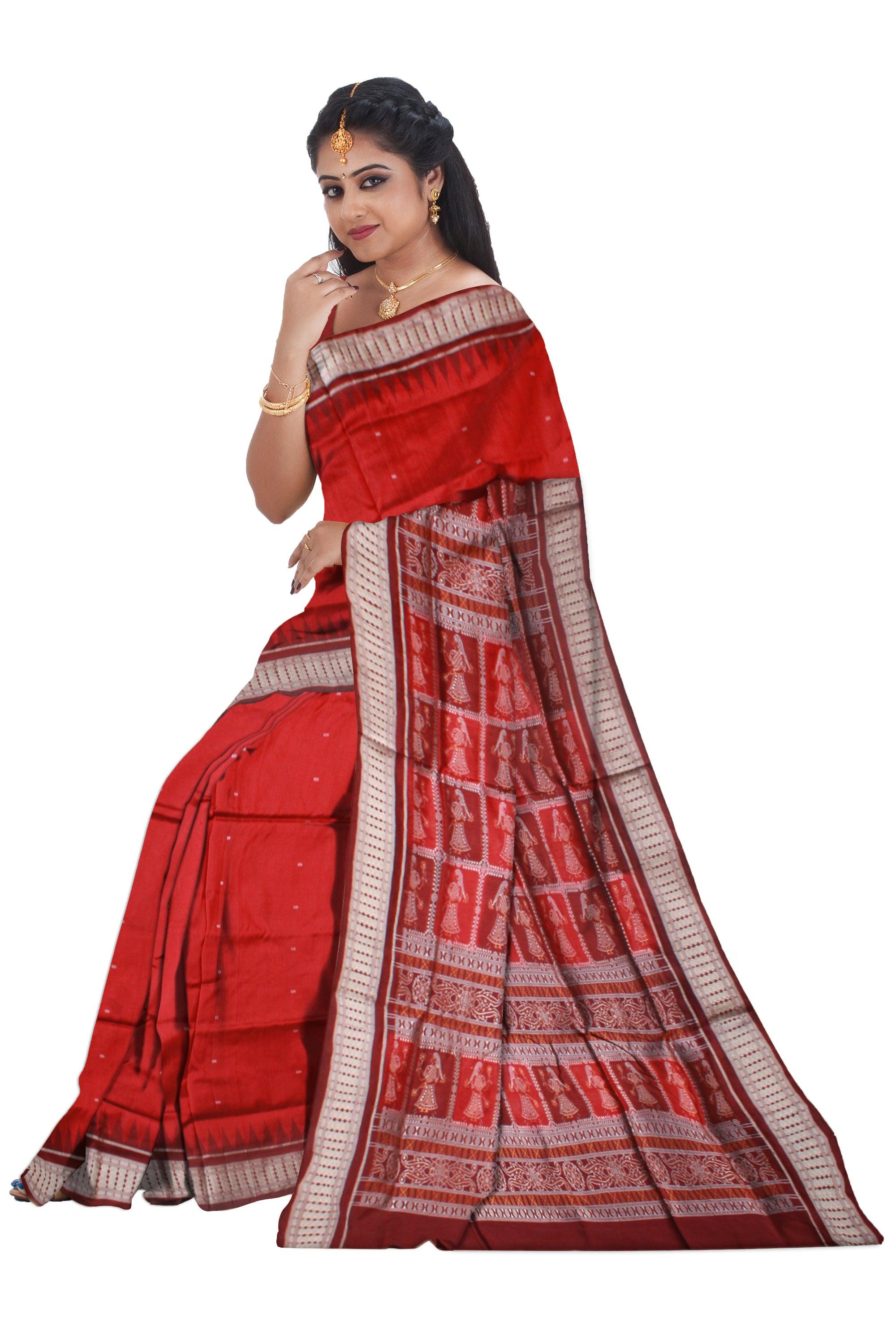 PALLU DOLL PRINT BOOTY PATTERN PATA SAREE IN RED AND MAROON COLOR BASE, WITH BLOUSE PIECE. - Koshali Arts & Crafts Enterprise