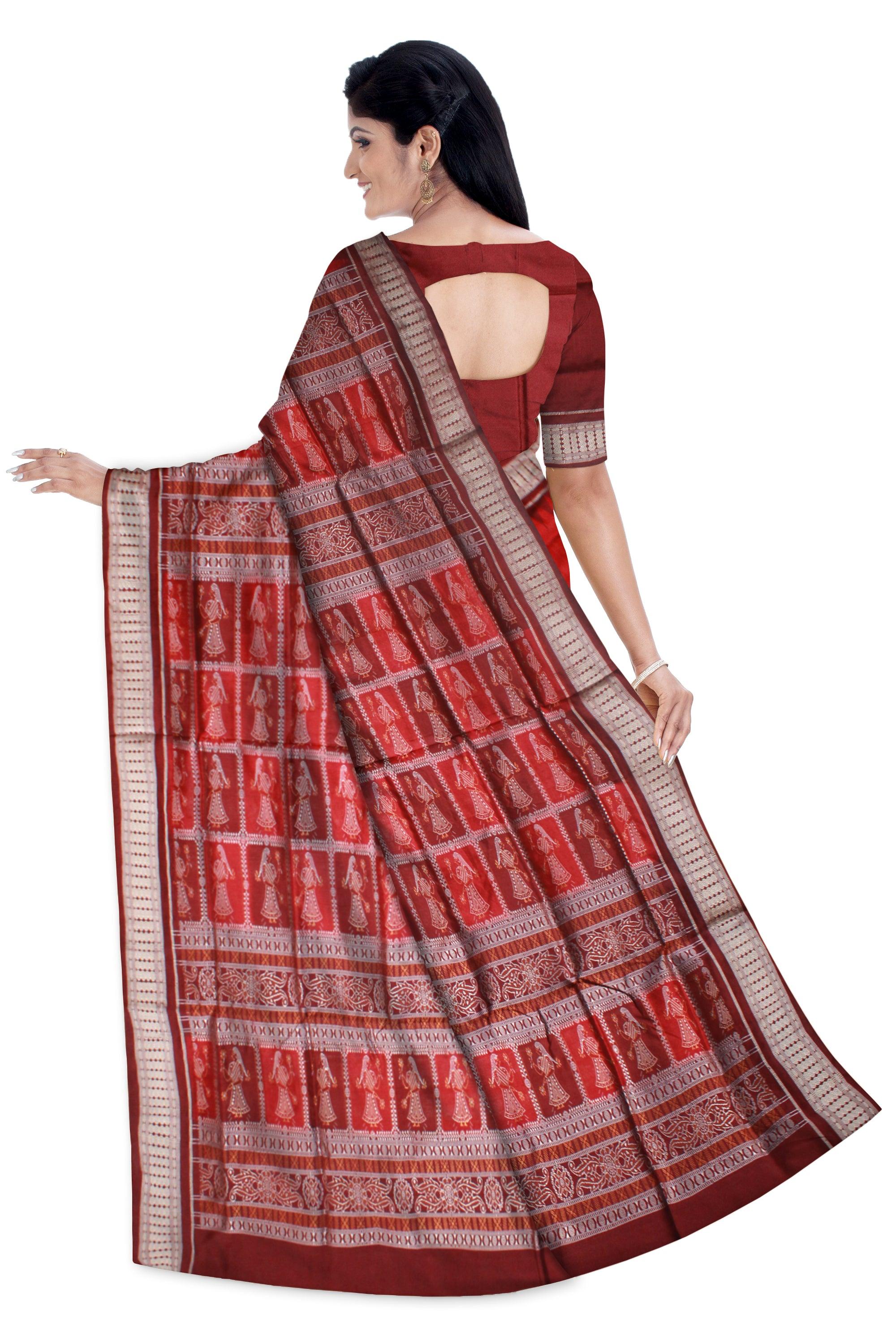 PALLU DOLL PRINT BOOTY PATTERN PATA SAREE IN RED AND MAROON COLOR BASE, WITH BLOUSE PIECE. - Koshali Arts & Crafts Enterprise