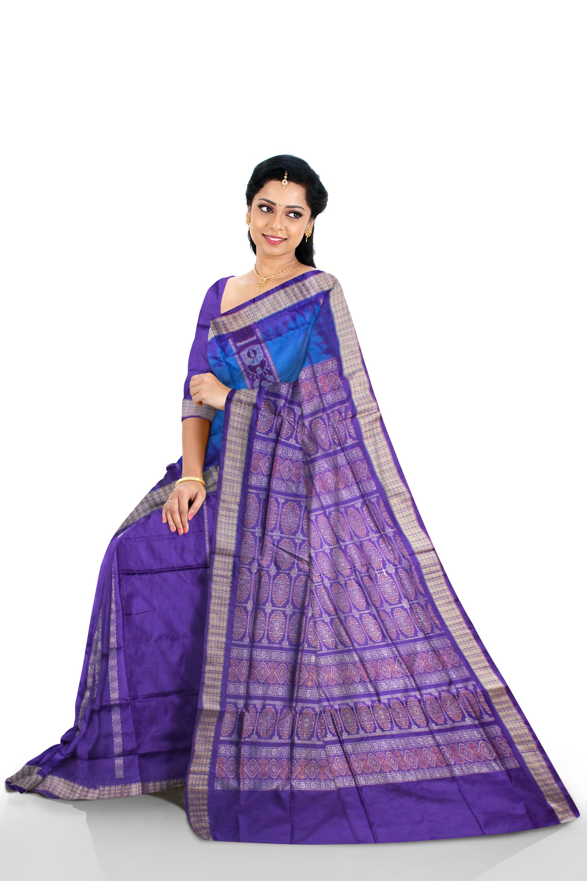 SKY AND PURPLE COLOR PATLI PATA SAREE , WITH BLOUSE PIECE. - Koshali Arts & Crafts Enterprise