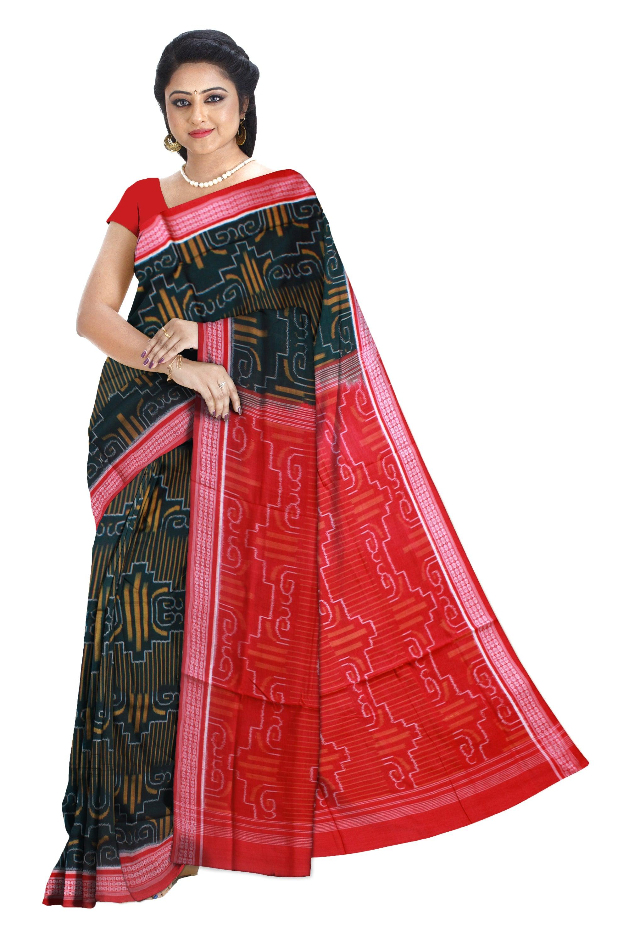 LATEST DESIGN MANIABANDHA COTTON SAREE IN DEEP GREEN, YELLOW AND RED BORDER. ATTACHED WITHOUT BLOUSE PIECE. - Koshali Arts & Crafts Enterprise