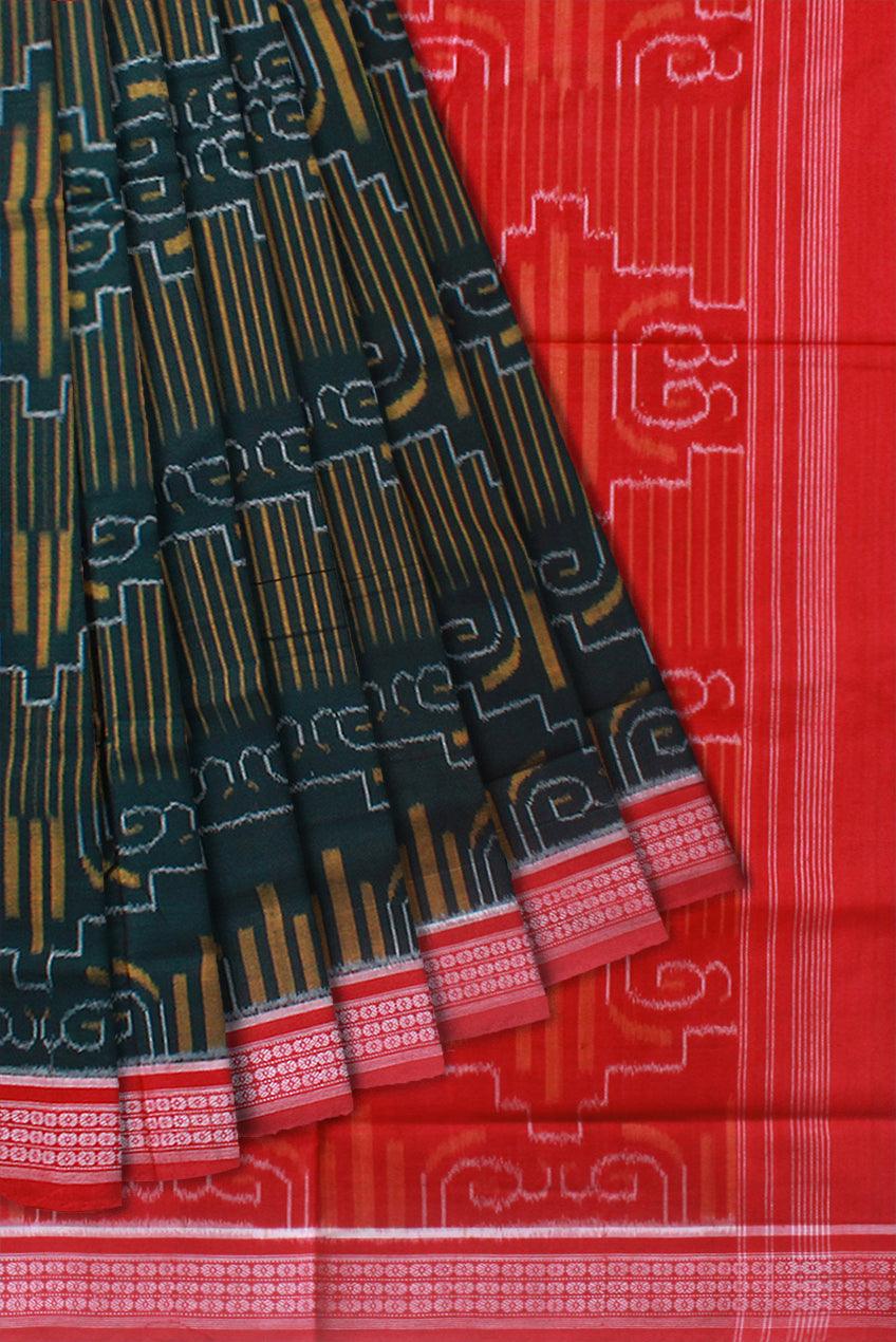LATEST DESIGN MANIABANDHA COTTON SAREE IN DEEP GREEN, YELLOW AND RED BORDER. ATTACHED WITHOUT BLOUSE PIECE. - Koshali Arts & Crafts Enterprise