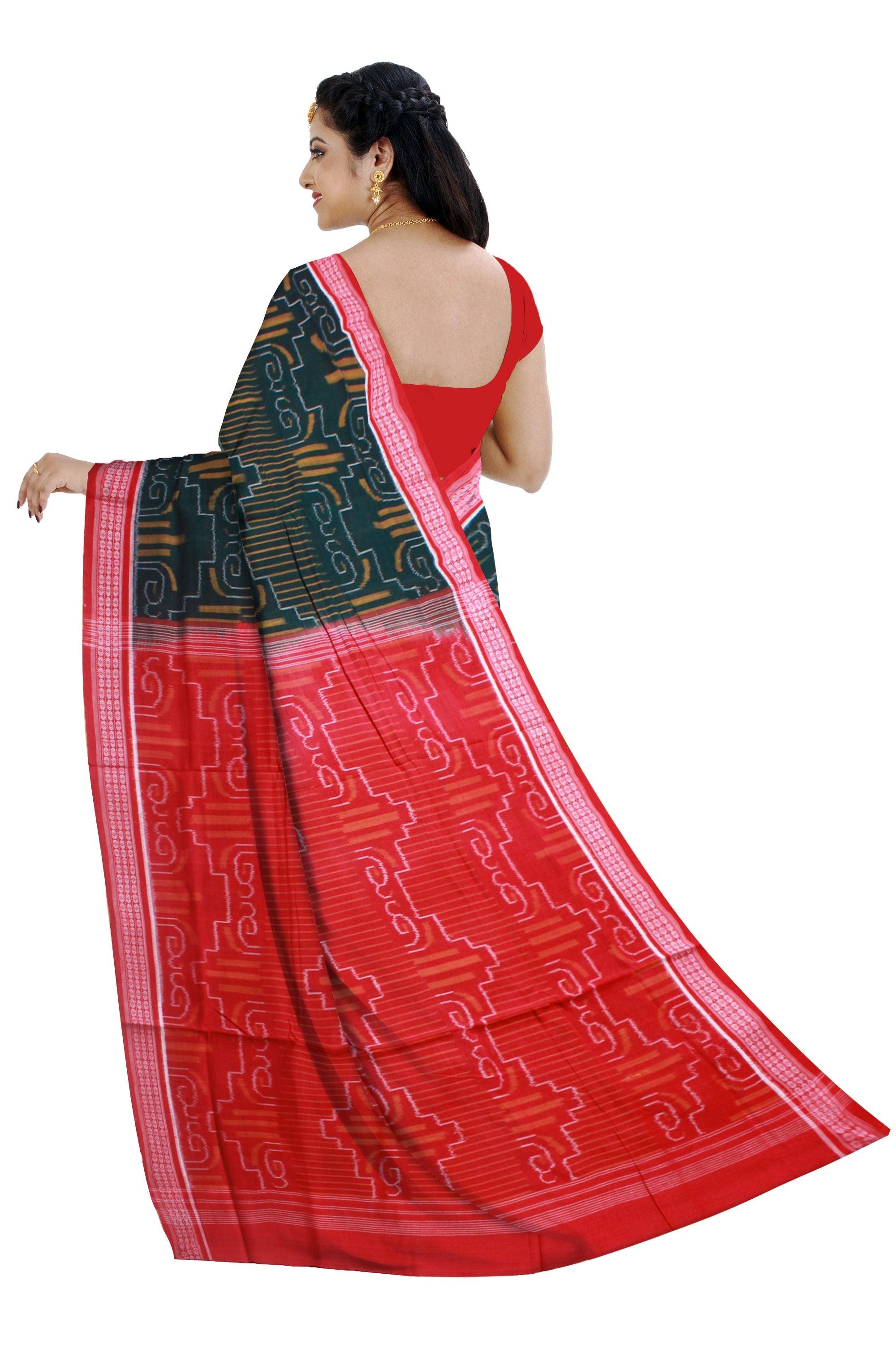 LATEST DESIGN MANIABANDHA COTTON SAREE IN DEEP GREEN, YELLOW AND RED BORDER. ATTACHED WITHOUT BLOUSE PIECE. - Koshali Arts & Crafts Enterprise