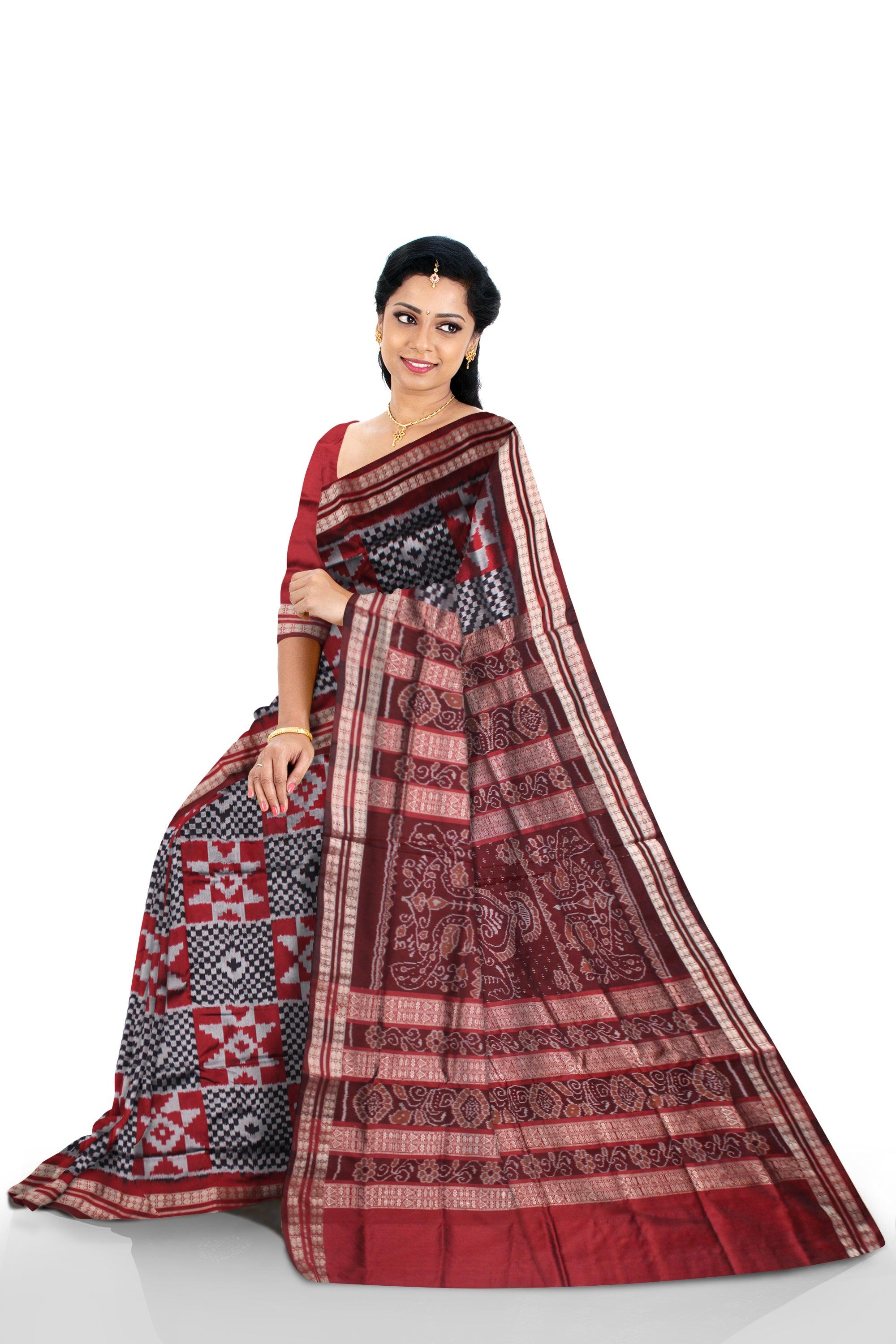 LATEST COLLECTION PATA SAREE IS SILVER WITH BLACK AND RED COLOR , WITH BLOUSE PIECE. - Koshali Arts & Crafts Enterprise