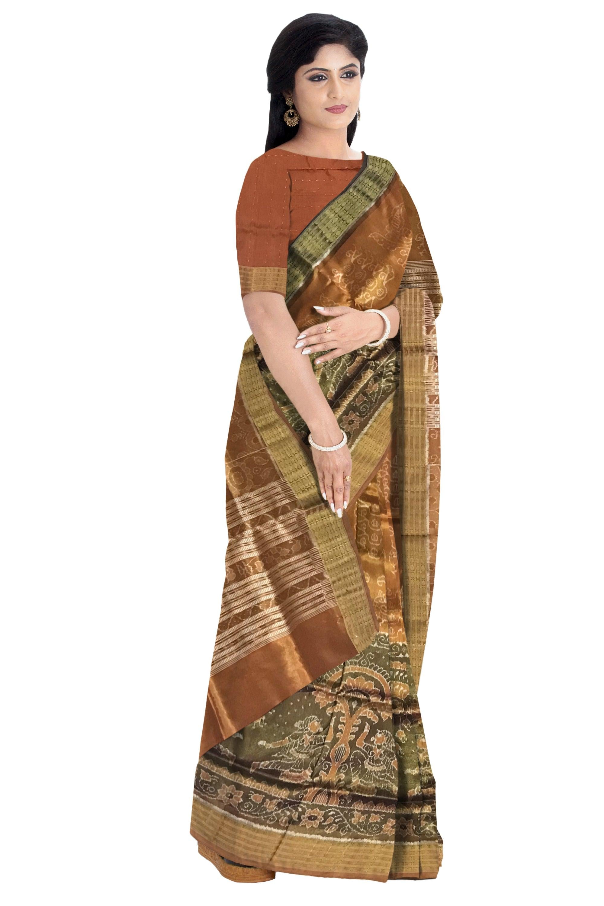 MARRAIGE COLLECTION DARKORANGE AND MEHENDI COLOR TISSUE SILK SAREE, ATTACHED WITH BLOUSE PIECE. - Koshali Arts & Crafts Enterprise