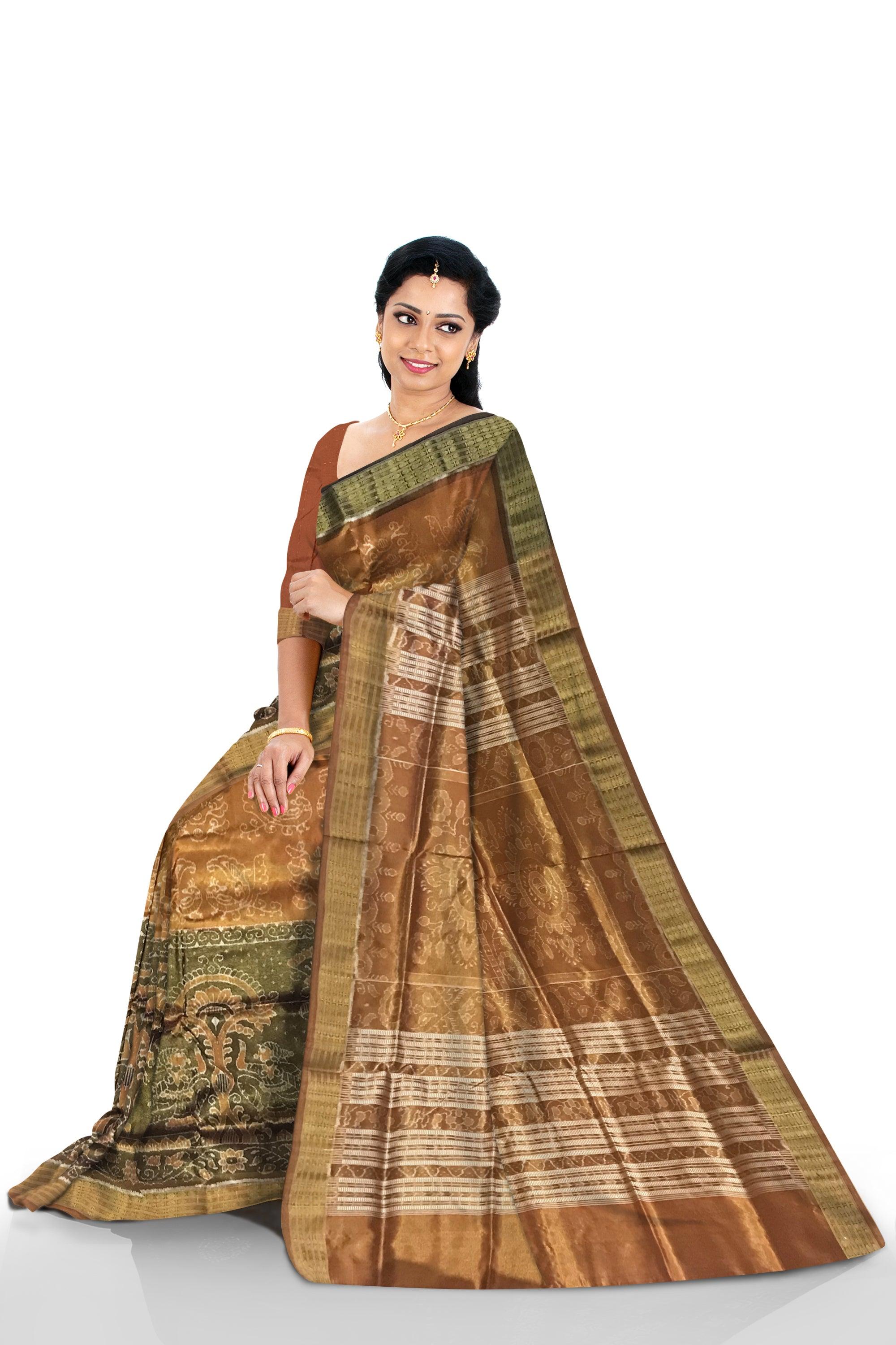 MARRAIGE COLLECTION DARKORANGE AND MEHENDI COLOR TISSUE SILK SAREE, ATTACHED WITH BLOUSE PIECE. - Koshali Arts & Crafts Enterprise