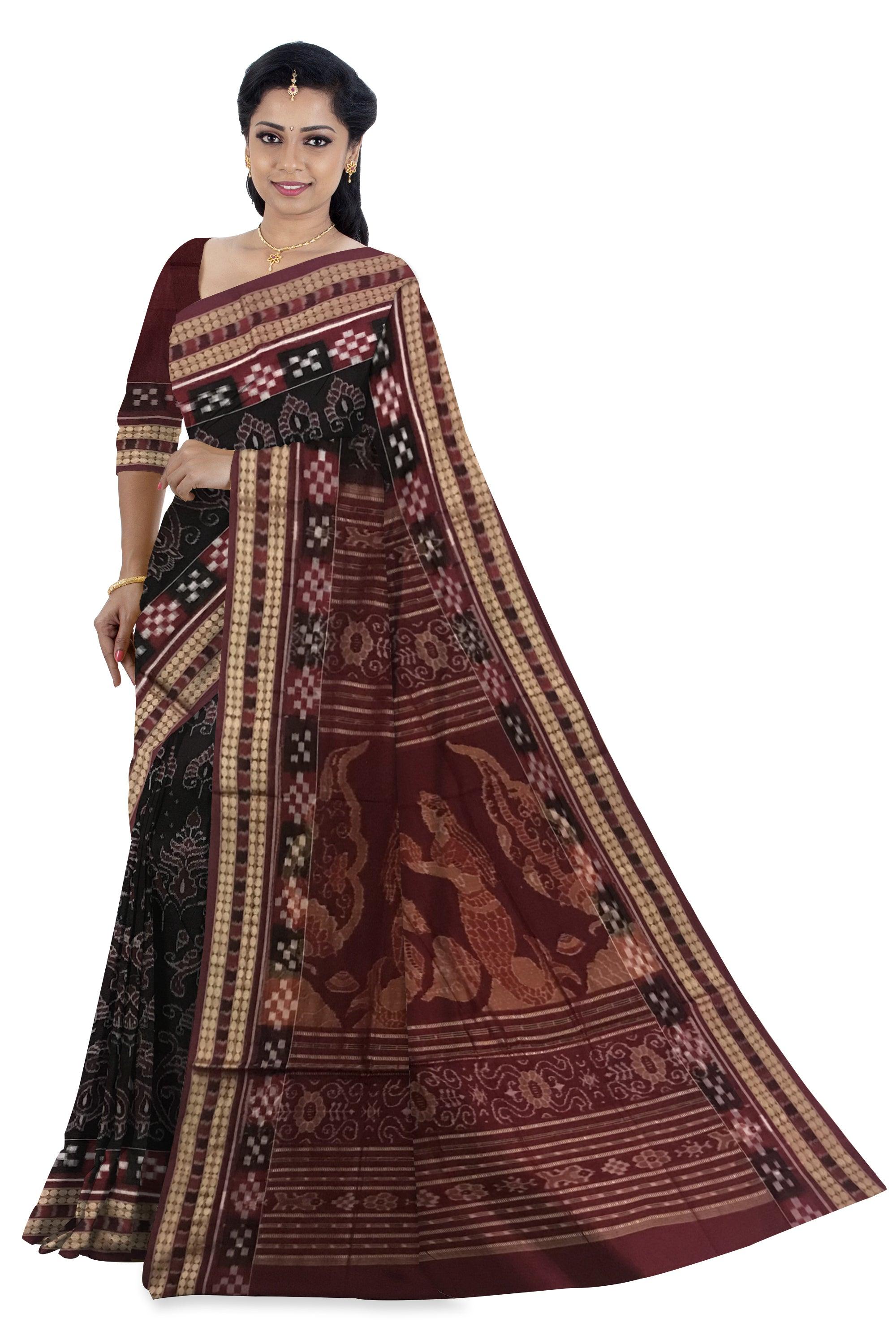 DHADI PASAPALI PATTERN COTTON SAREE IS BLACK AND COFFEE COLOR BASE, COMES WITH BLOUSE PIECE. - Koshali Arts & Crafts Enterprise