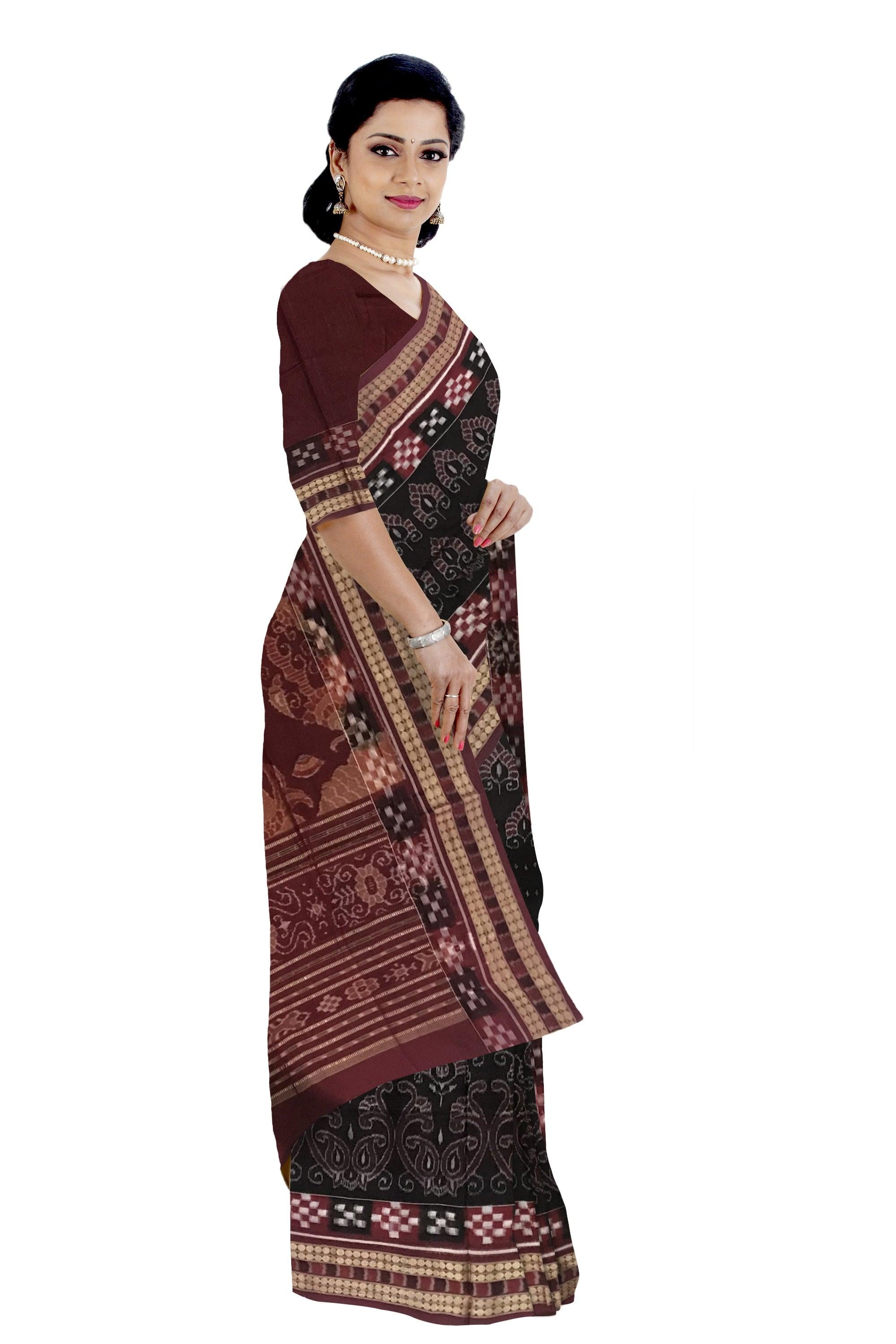 DHADI PASAPALI PATTERN COTTON SAREE IS BLACK AND COFFEE COLOR BASE, COMES WITH BLOUSE PIECE. - Koshali Arts & Crafts Enterprise
