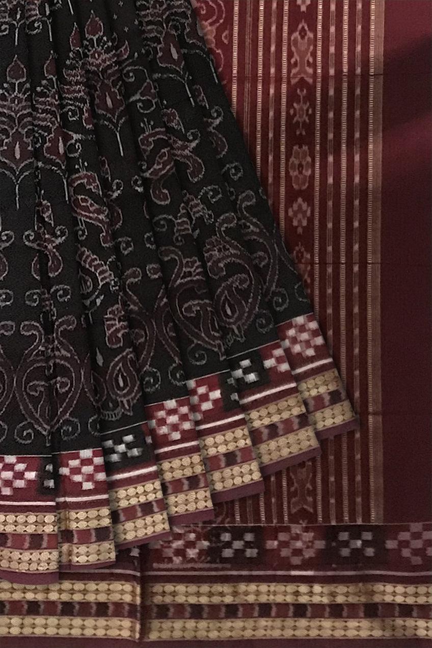 DHADI PASAPALI PATTERN COTTON SAREE IS BLACK AND COFFEE COLOR BASE, COMES WITH BLOUSE PIECE. - Koshali Arts & Crafts Enterprise