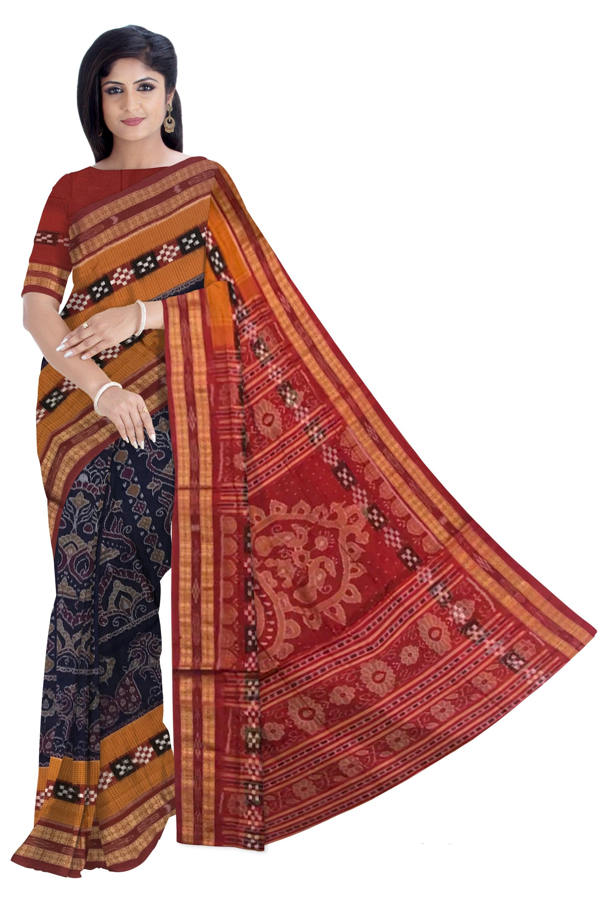 FULL BODY NARTAKI PRINT DHADI PASAPALI COTTON SAREE IS DEEP PURPLE AND MAROON COLOR BASE, ATTACHED WITH BLOUSE PIECE. - Koshali Arts & Crafts Enterprise