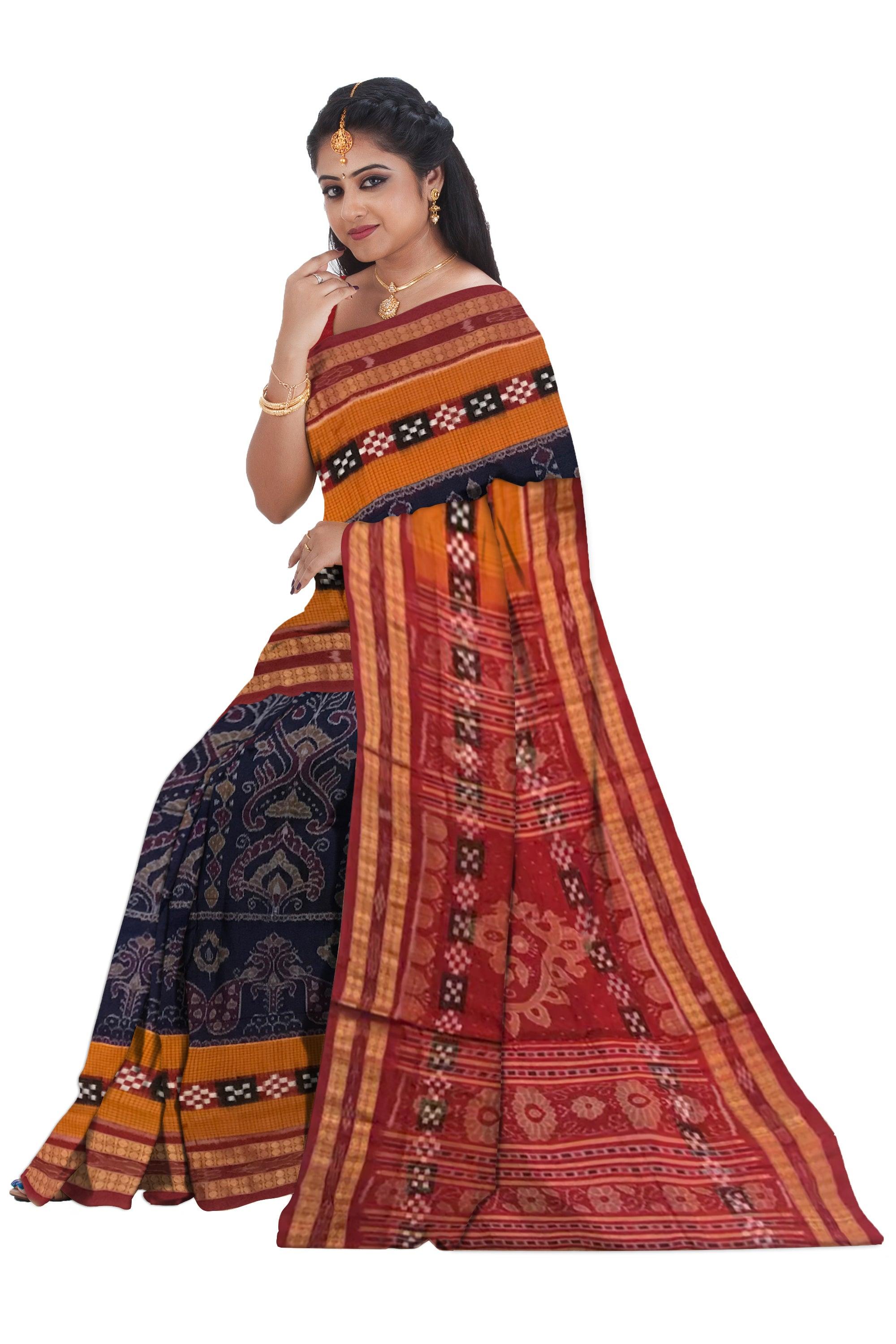 FULL BODY NARTAKI PRINT DHADI PASAPALI COTTON SAREE IS DEEP PURPLE AND MAROON COLOR BASE, ATTACHED WITH BLOUSE PIECE. - Koshali Arts & Crafts Enterprise