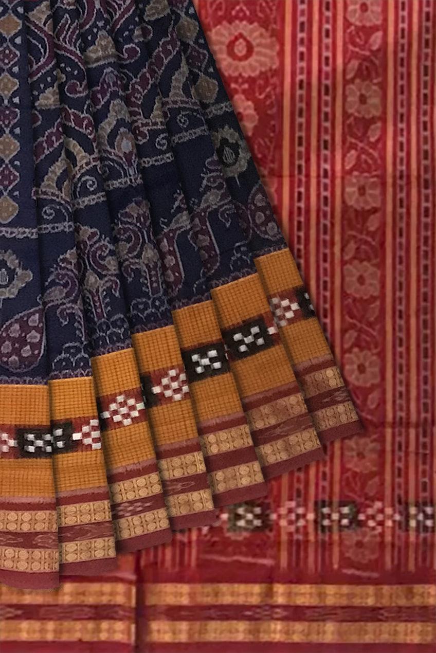 FULL BODY NARTAKI PRINT DHADI PASAPALI COTTON SAREE IS DEEP PURPLE AND MAROON COLOR BASE, ATTACHED WITH BLOUSE PIECE. - Koshali Arts & Crafts Enterprise