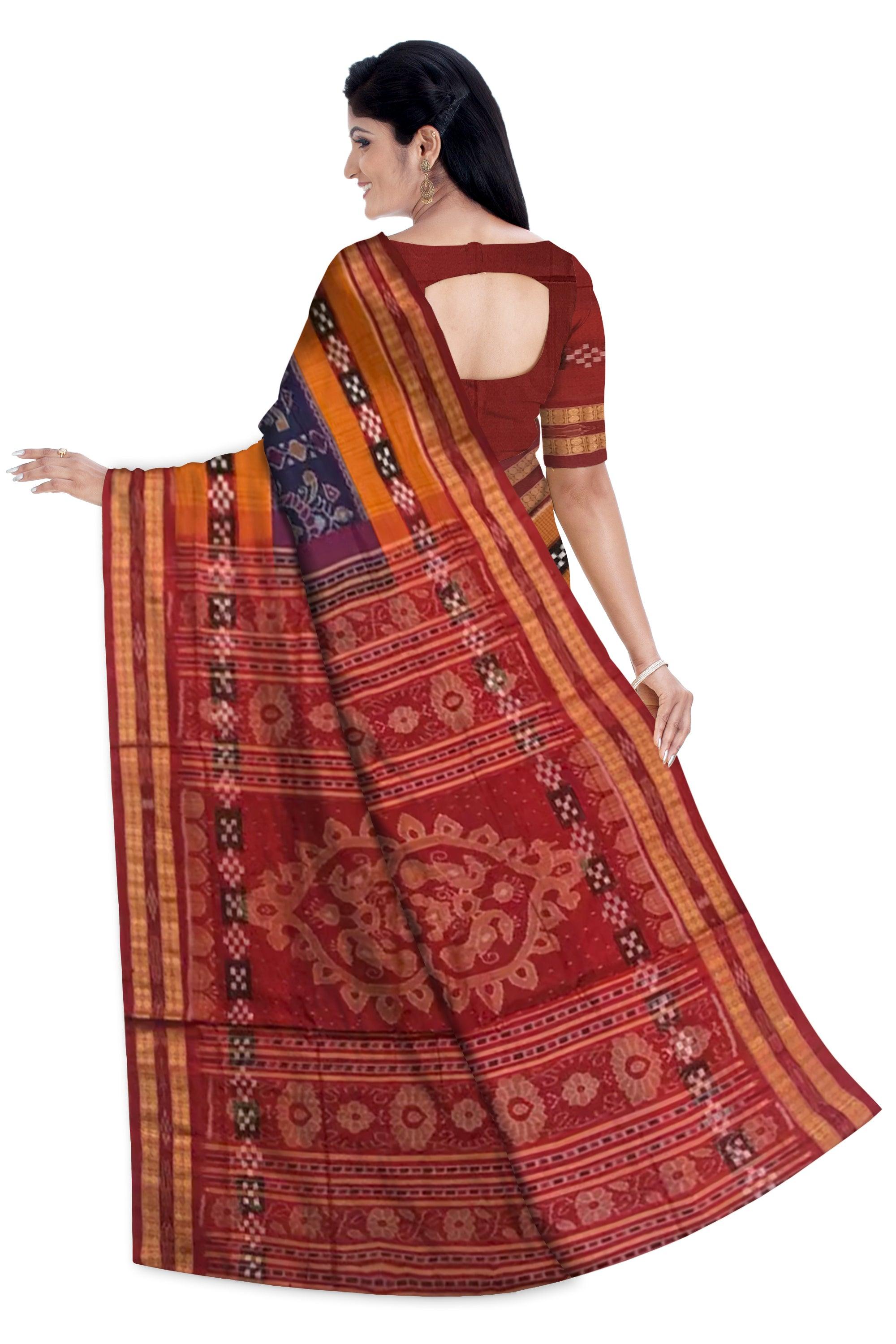FULL BODY NARTAKI PRINT DHADI PASAPALI COTTON SAREE IS DEEP PURPLE AND MAROON COLOR BASE, ATTACHED WITH BLOUSE PIECE. - Koshali Arts & Crafts Enterprise