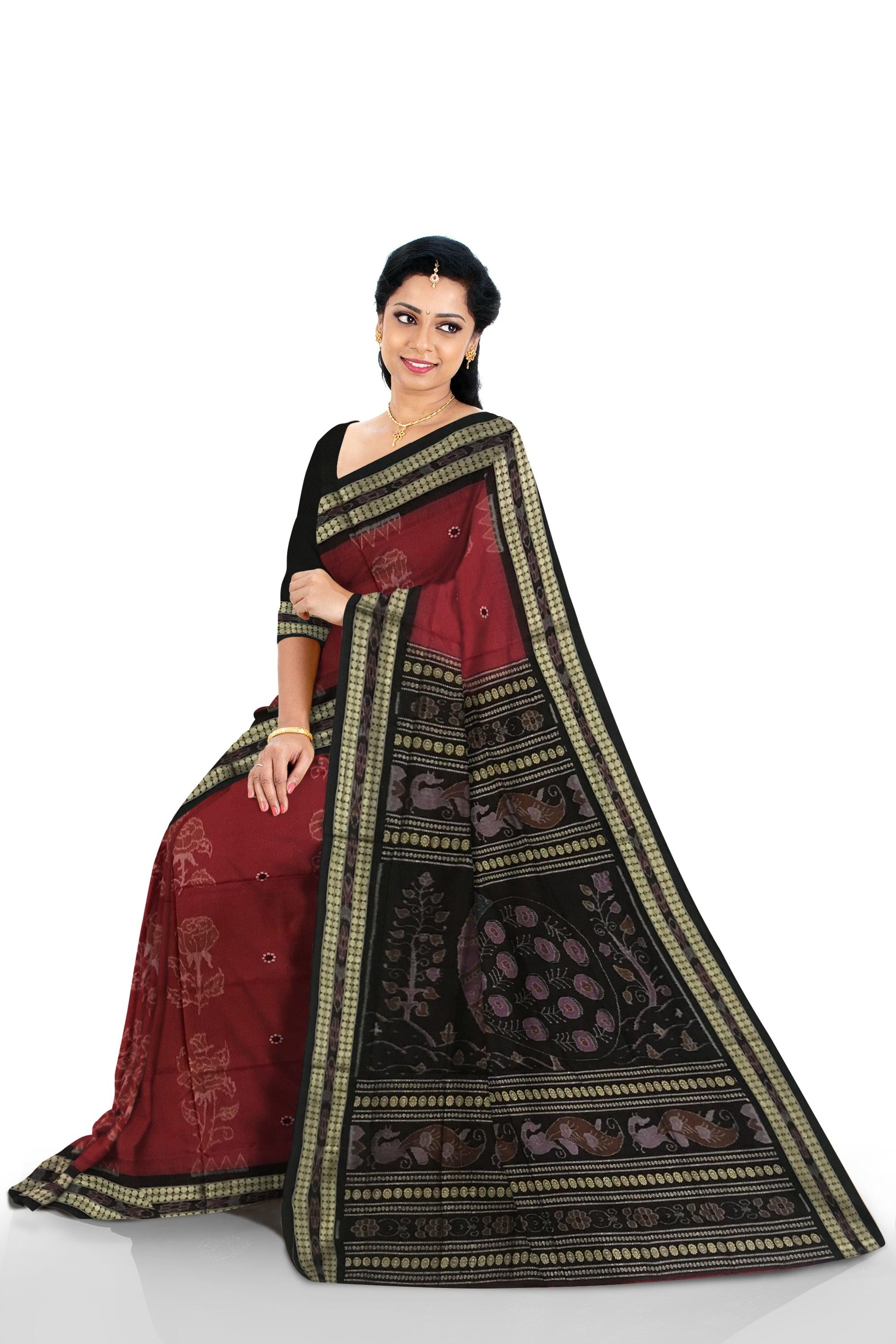 LATEST NEW COLLECTION BODY ROSE PATTERN SAMBALPURI SAREE IS MAROON AND BLACK COLOR, COMES WITH BLOUSE PIECE. - Koshali Arts & Crafts Enterprise