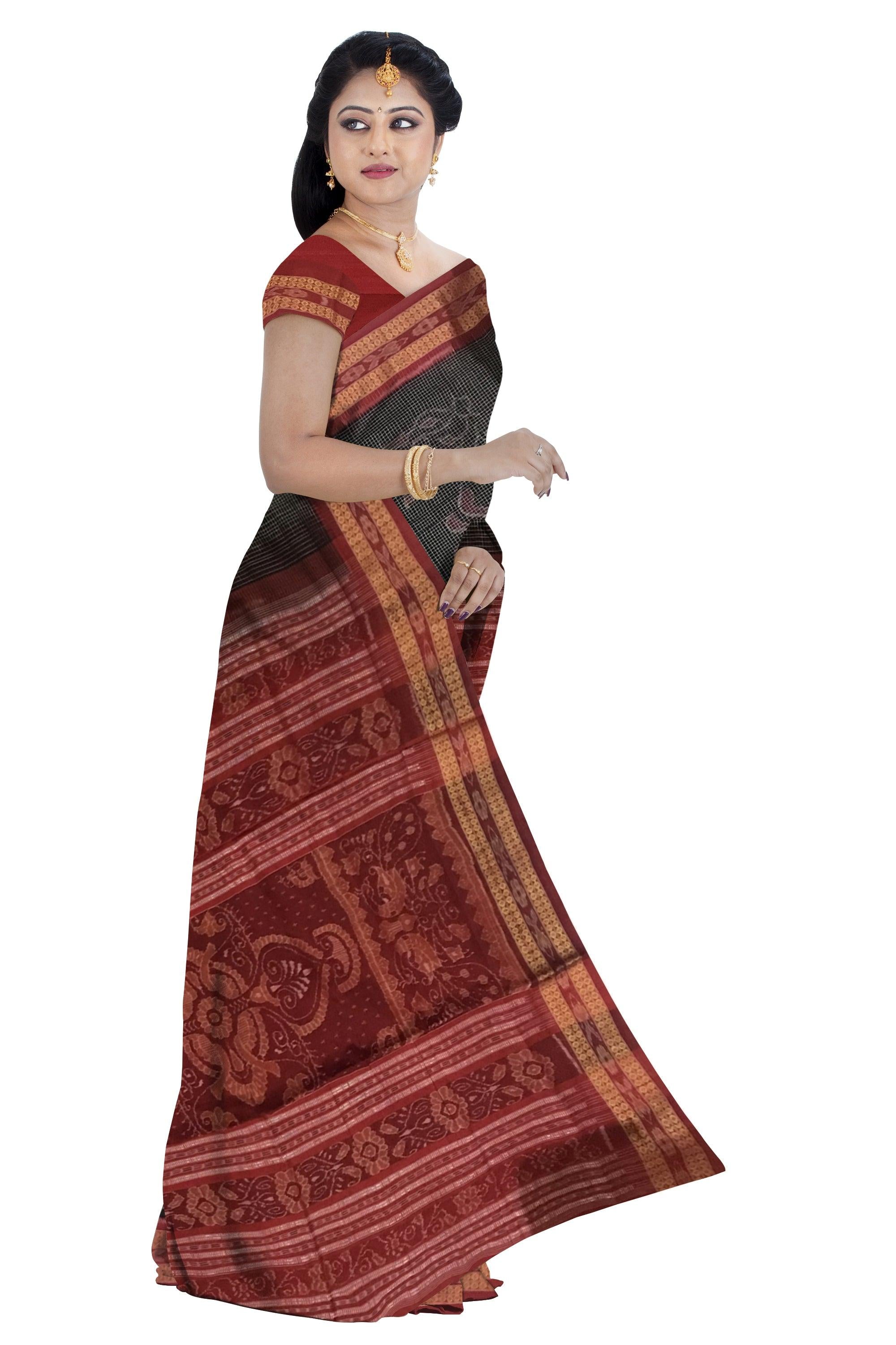 BODY PEACOCK PRINT SAMBALPURI COTTON SAREE IS GREY AND MAROON COLOR BASE, COMES WITH MATCHING BLOUSE PIECE. - Koshali Arts & Crafts Enterprise