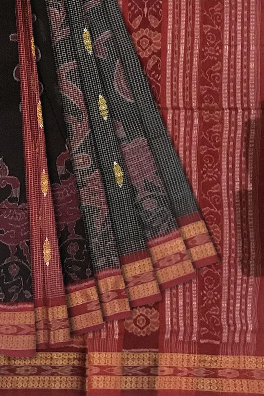 BODY PEACOCK PRINT SAMBALPURI COTTON SAREE IS GREY AND MAROON COLOR BASE, COMES WITH MATCHING BLOUSE PIECE. - Koshali Arts & Crafts Enterprise