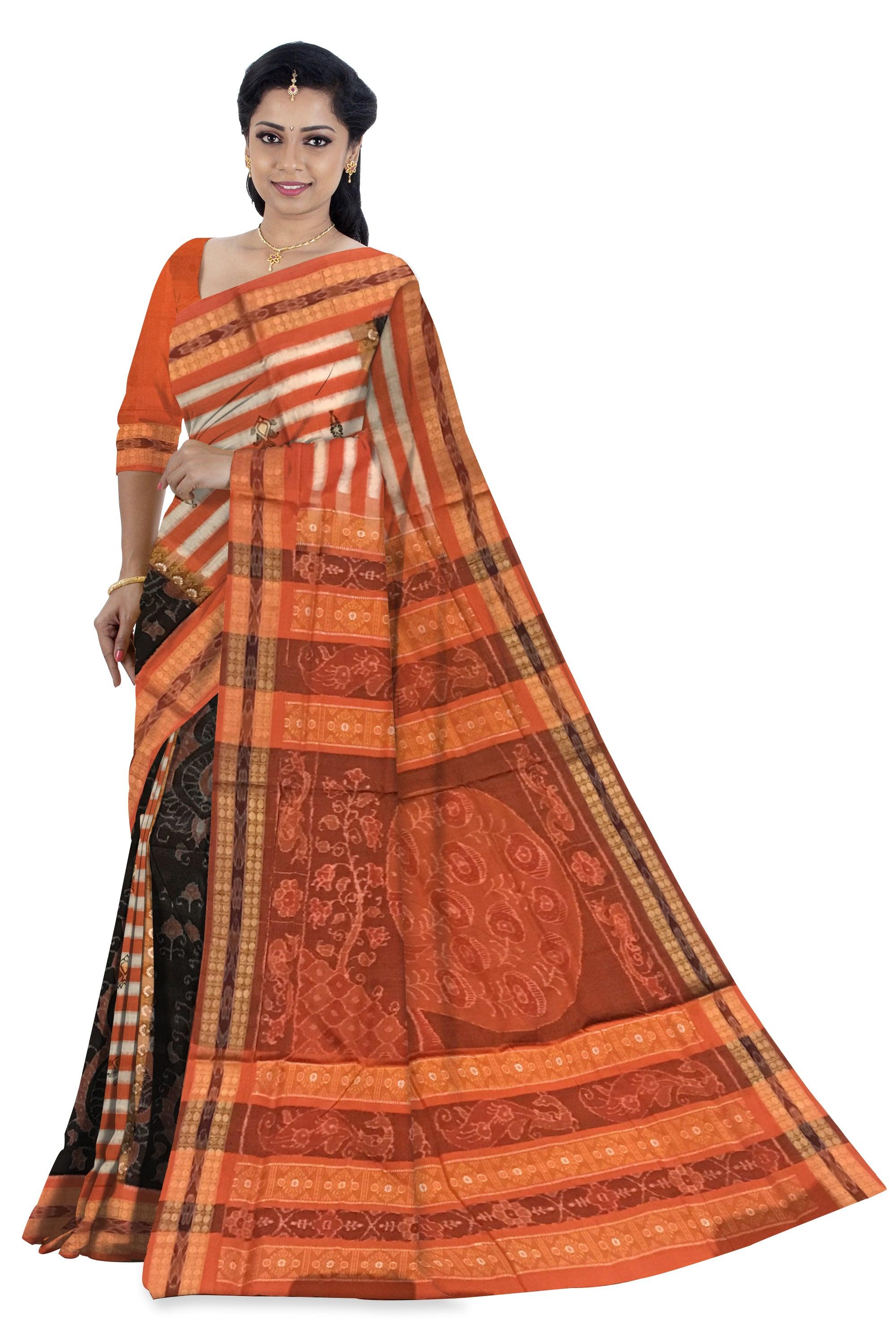 NEW ARRIVAL SAMBALPURI COTTON SAREE IS ORANGE AND BLACK COLOR BASE, COMES WITH MATCHING BLOUSE PIECE. - Koshali Arts & Crafts Enterprise
