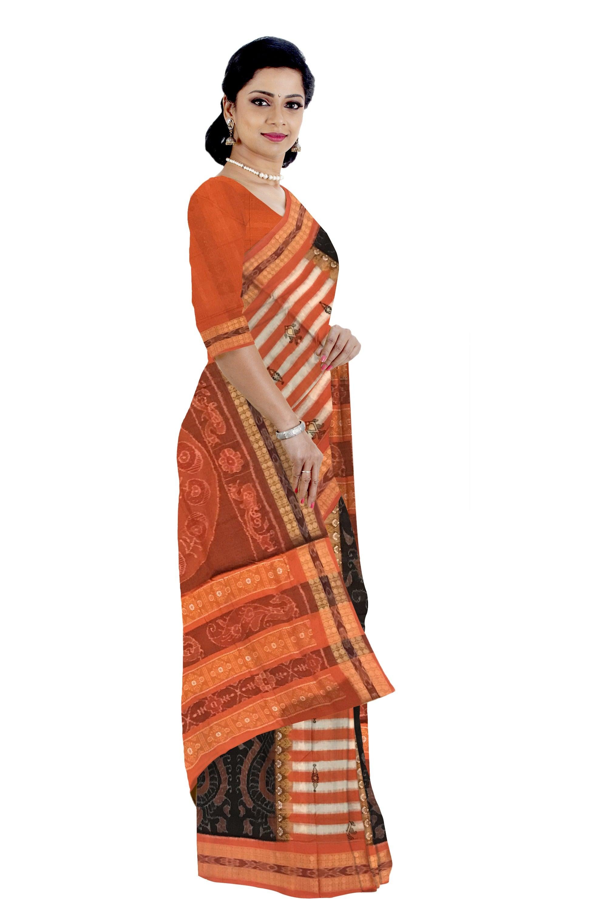 NEW ARRIVAL SAMBALPURI COTTON SAREE IS ORANGE AND BLACK COLOR BASE, COMES WITH MATCHING BLOUSE PIECE. - Koshali Arts & Crafts Enterprise